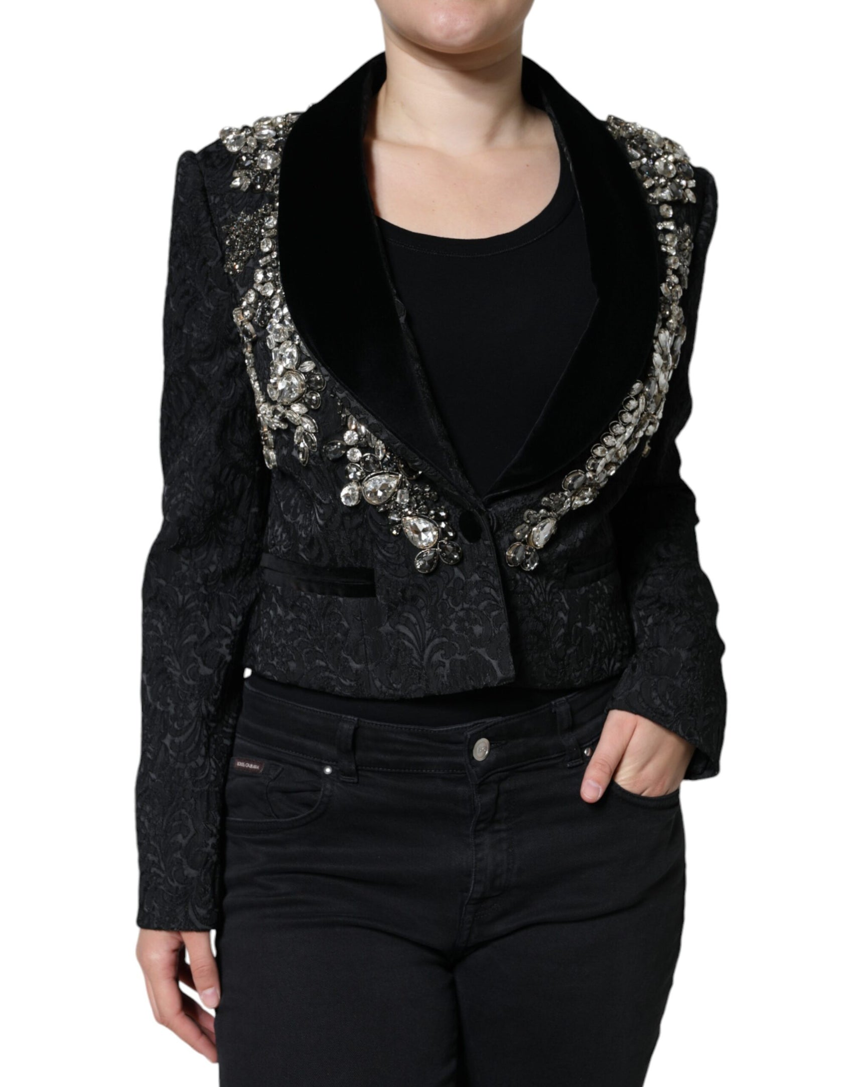 Blazer con giacca floreale in cristallo jacquard nero