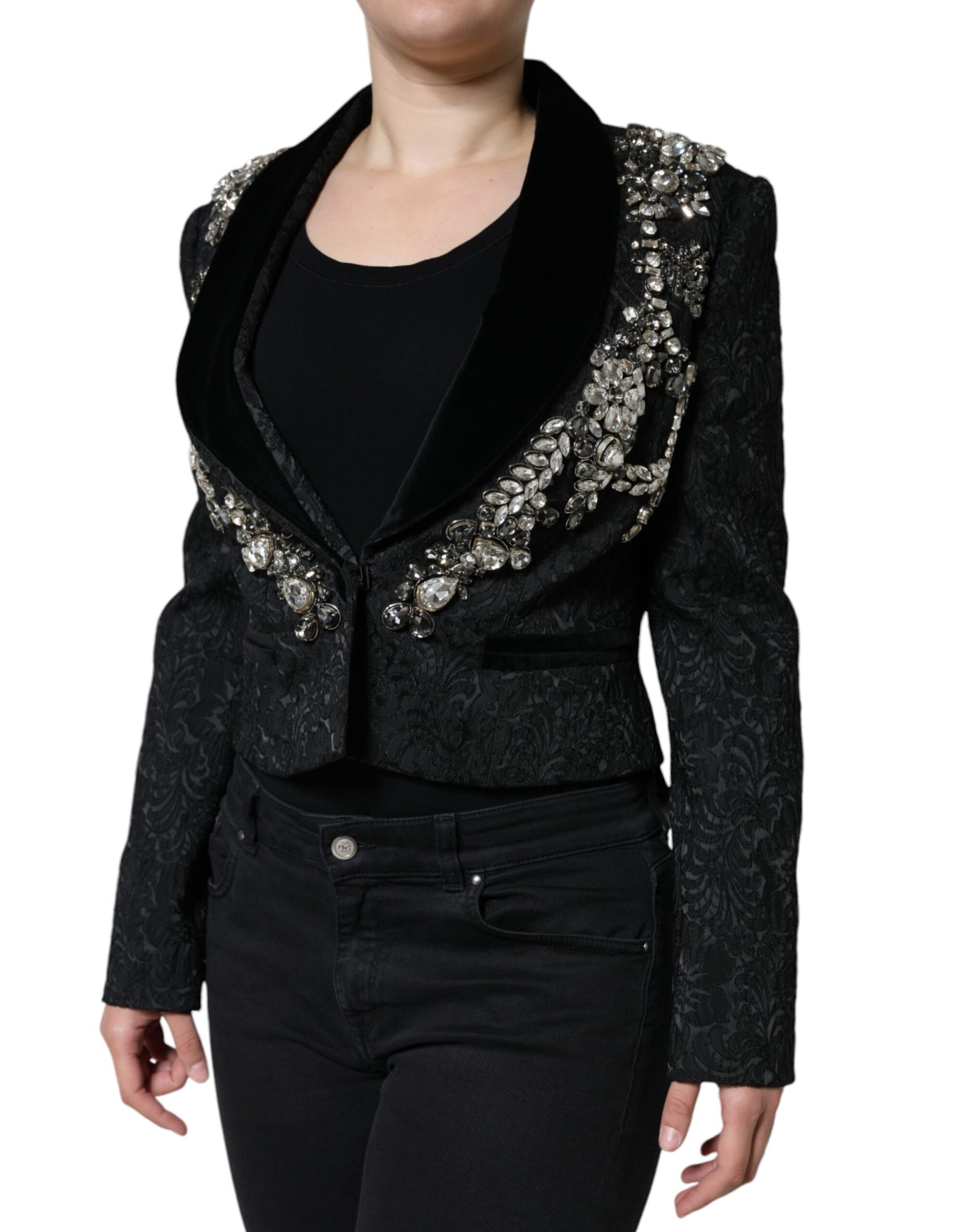 Blazer con giacca floreale in cristallo jacquard nero