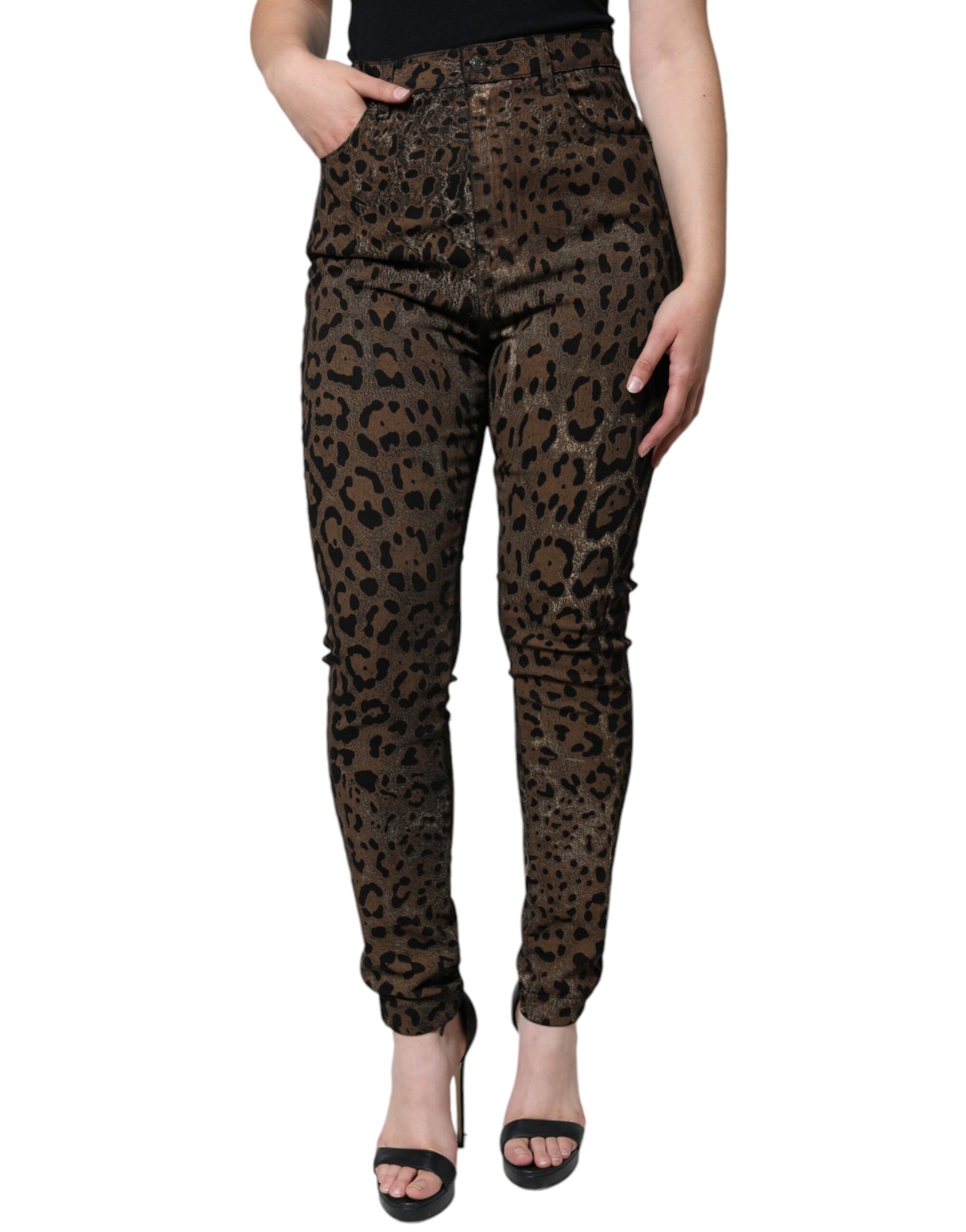 Braune Skinny-Jeans aus Baumwolle mit Leopardenmuster