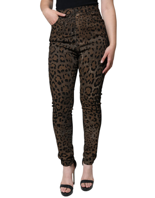 Braune Skinny-Jeans aus Baumwolle mit Leopardenmuster