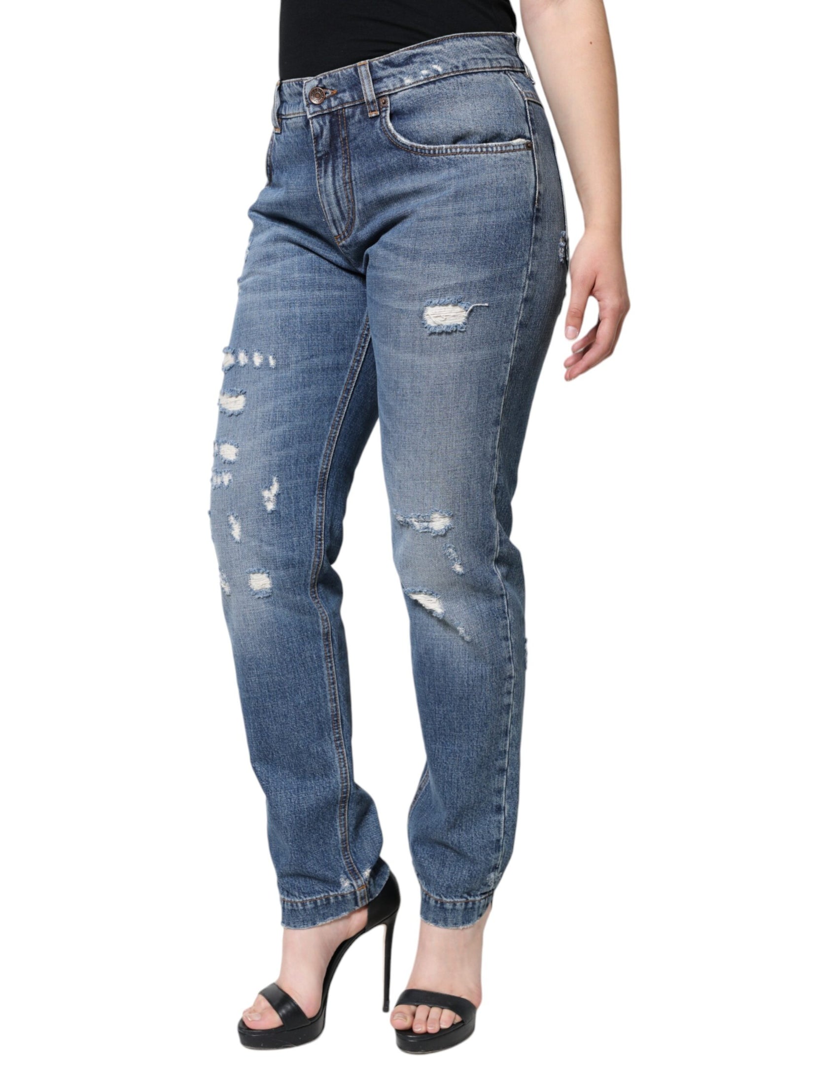 Blaue zerfetzte Boyfriend-Jeans aus Baumwolle