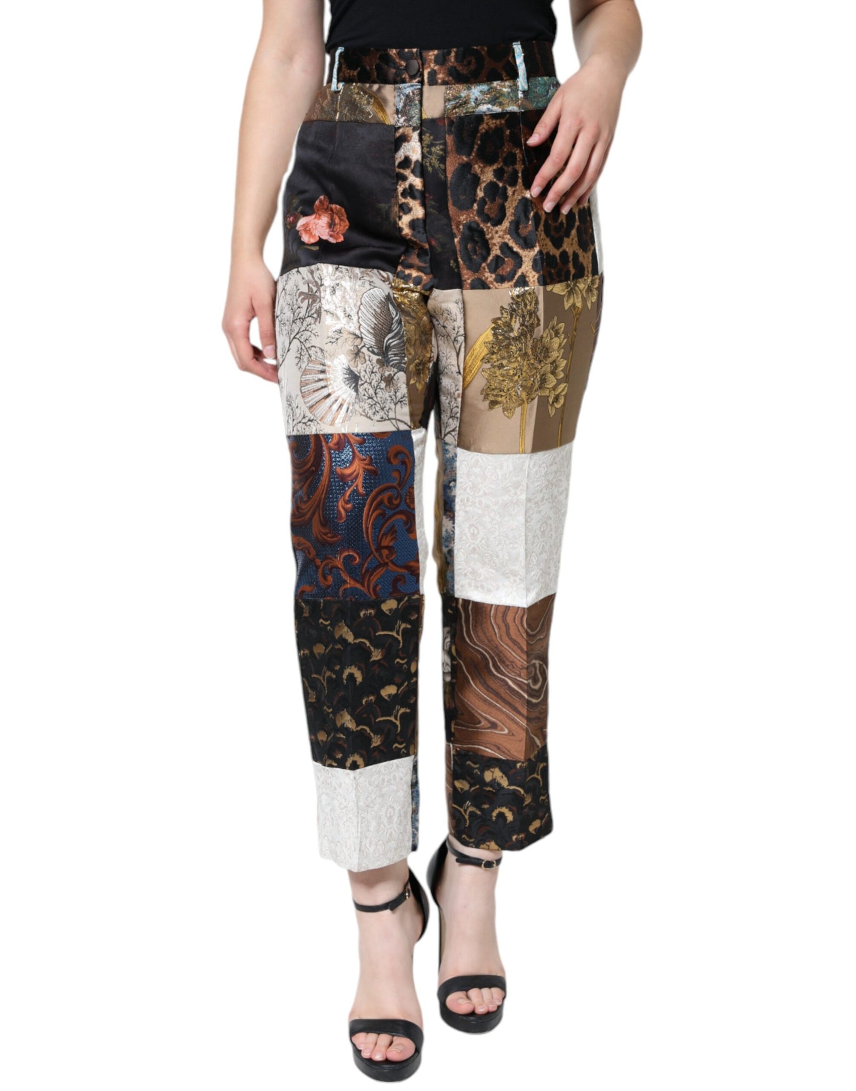 Mehrfarbige Jacquard-Hose mit hoher Taille und Patchwork