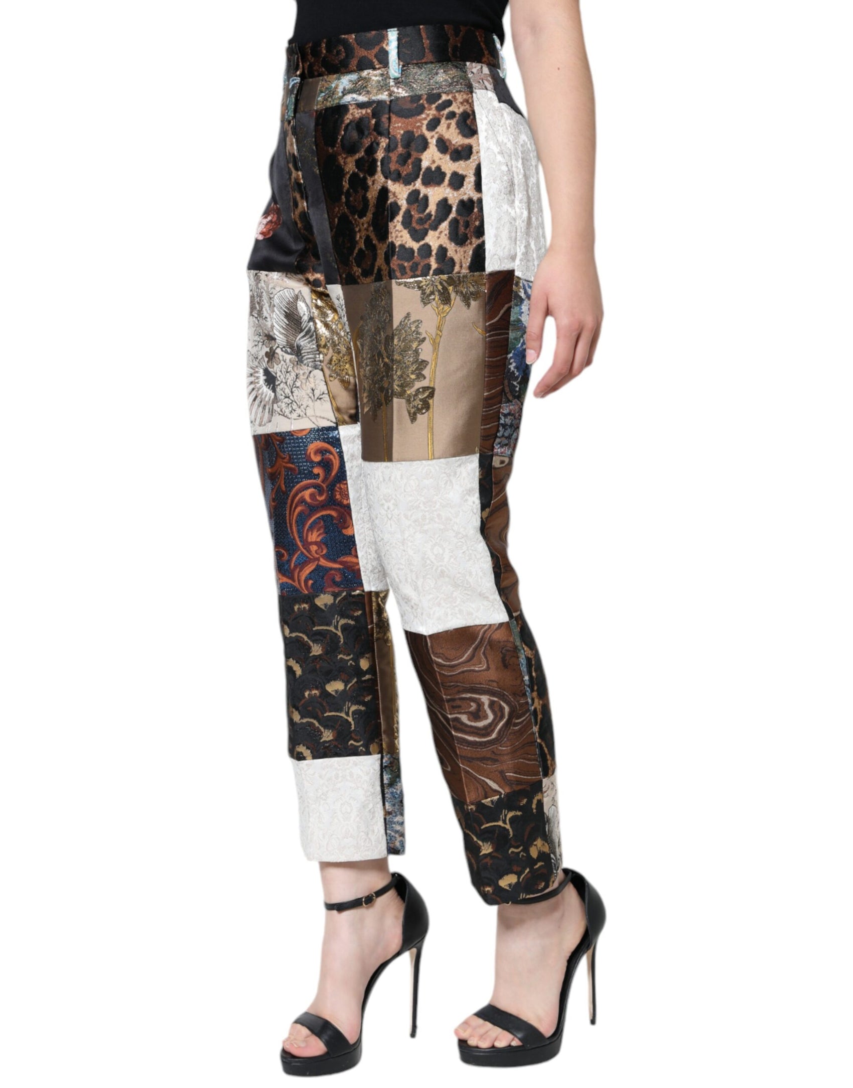 Mehrfarbige Jacquard-Hose mit hoher Taille und Patchwork