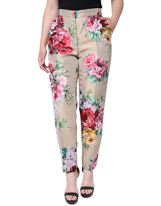 Beigefarbene, hoch taillierte Karottenhose aus Jacquard mit Blumenmuster