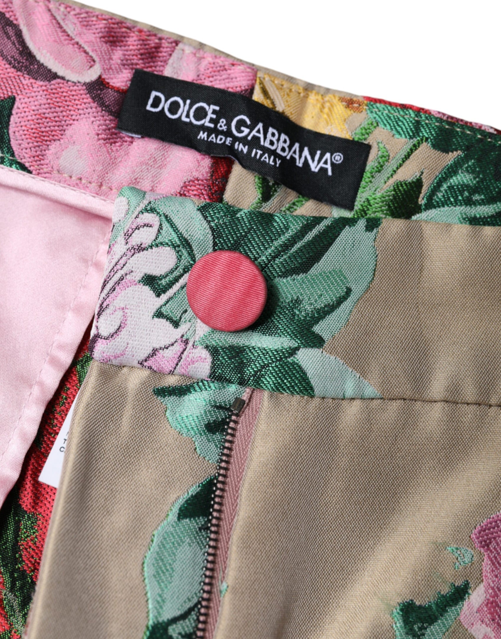 Beigefarbene, hoch taillierte Karottenhose aus Jacquard mit Blumenmuster