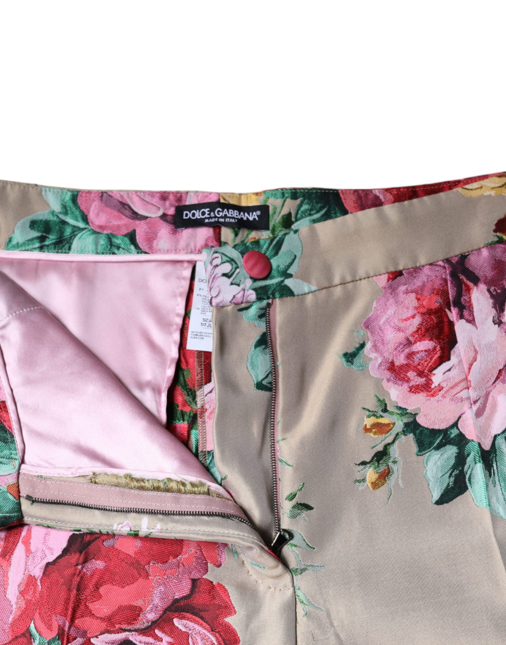 Beigefarbene, hoch taillierte Karottenhose aus Jacquard mit Blumenmuster