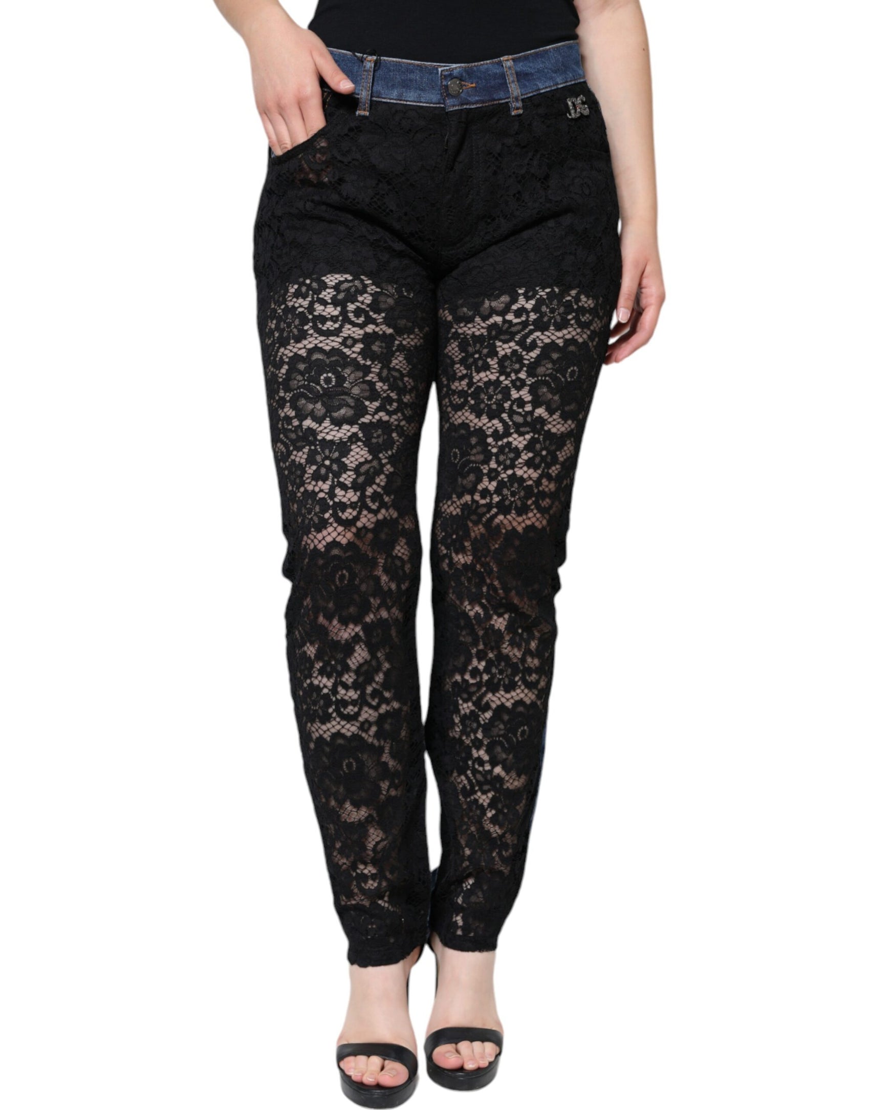 Schwarze Skinny-Jeans mit Blumenmuster und Spitzenfront