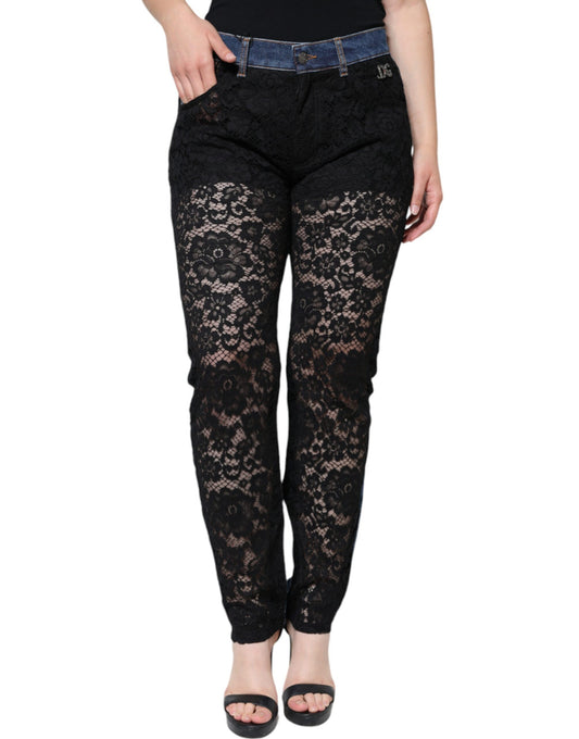 Schwarze Skinny-Jeans mit Blumenmuster und Spitzenfront