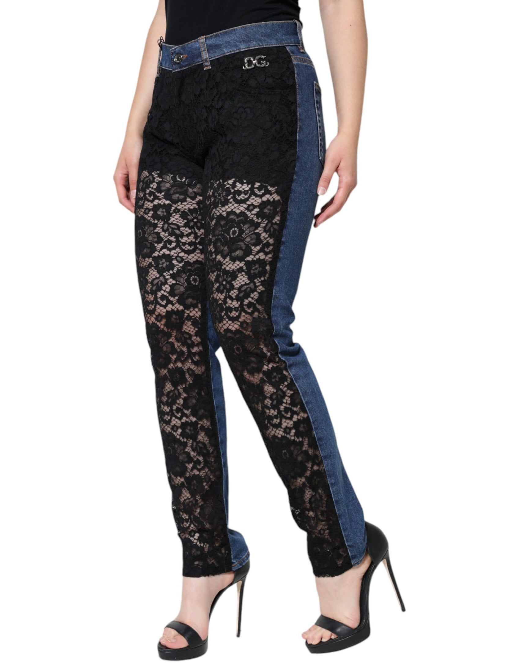 Schwarze Skinny-Jeans mit Blumenmuster und Spitzenfront