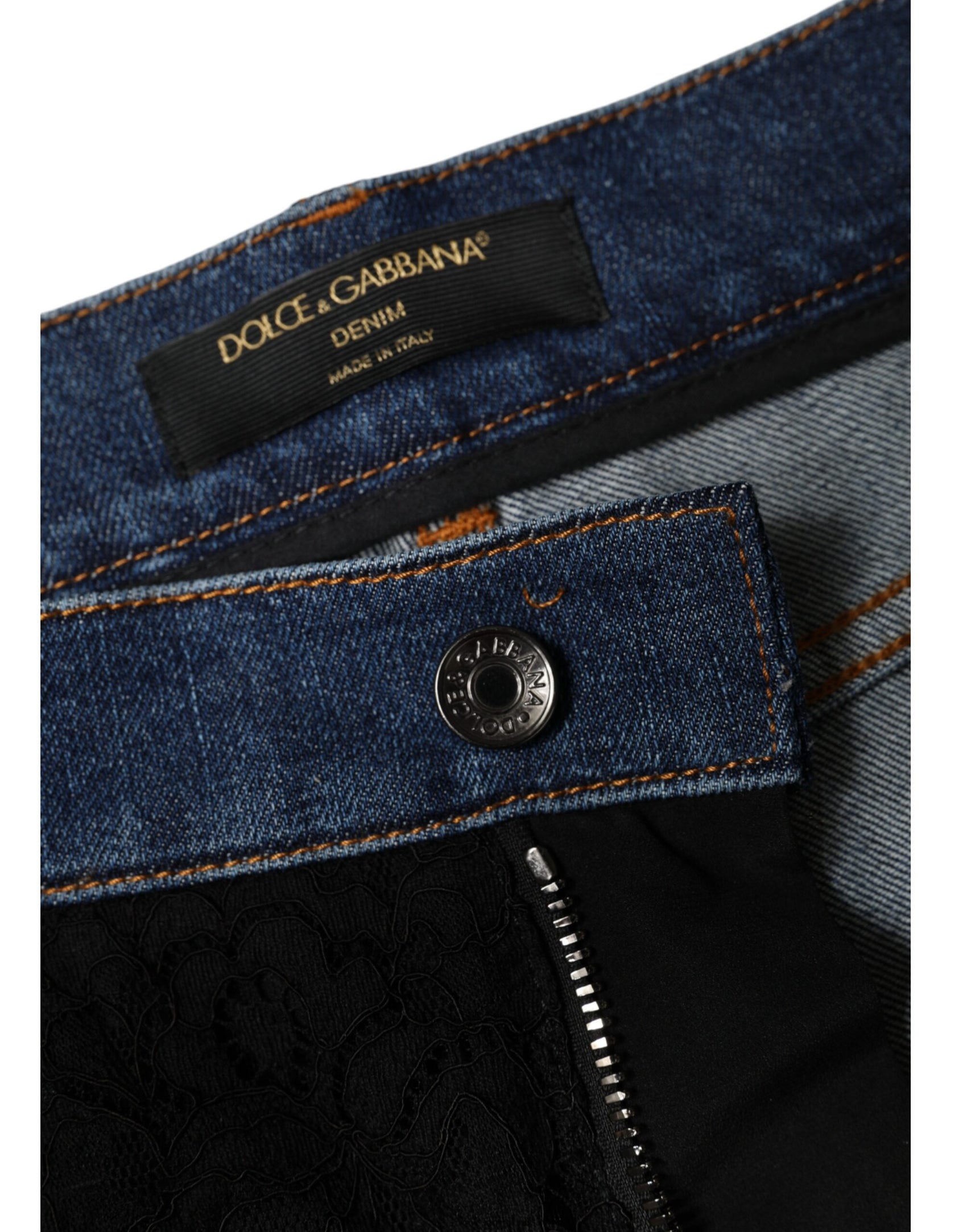 Schwarze Skinny-Jeans mit Blumenmuster und Spitzenfront