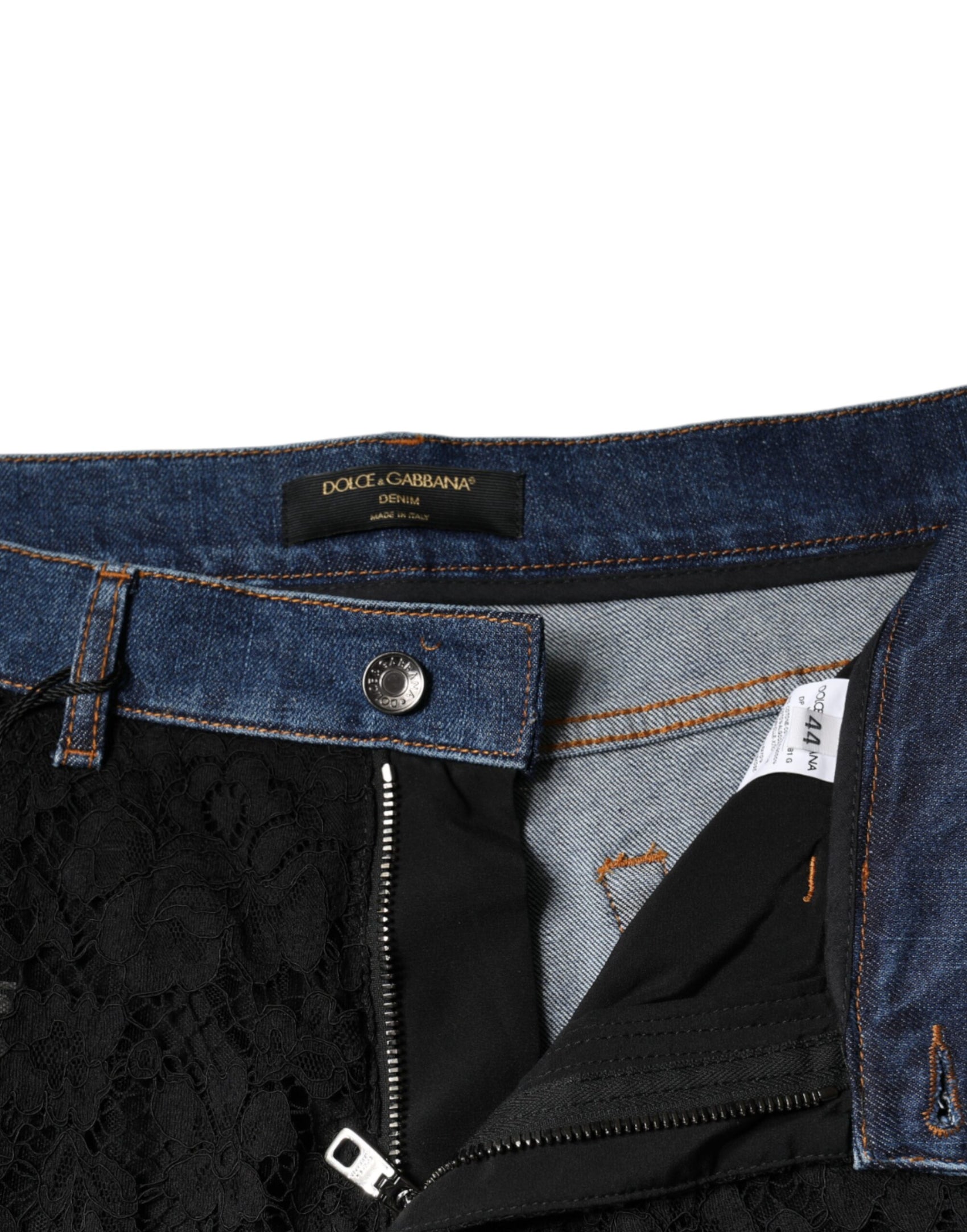 Schwarze Skinny-Jeans mit Blumenmuster und Spitzenfront
