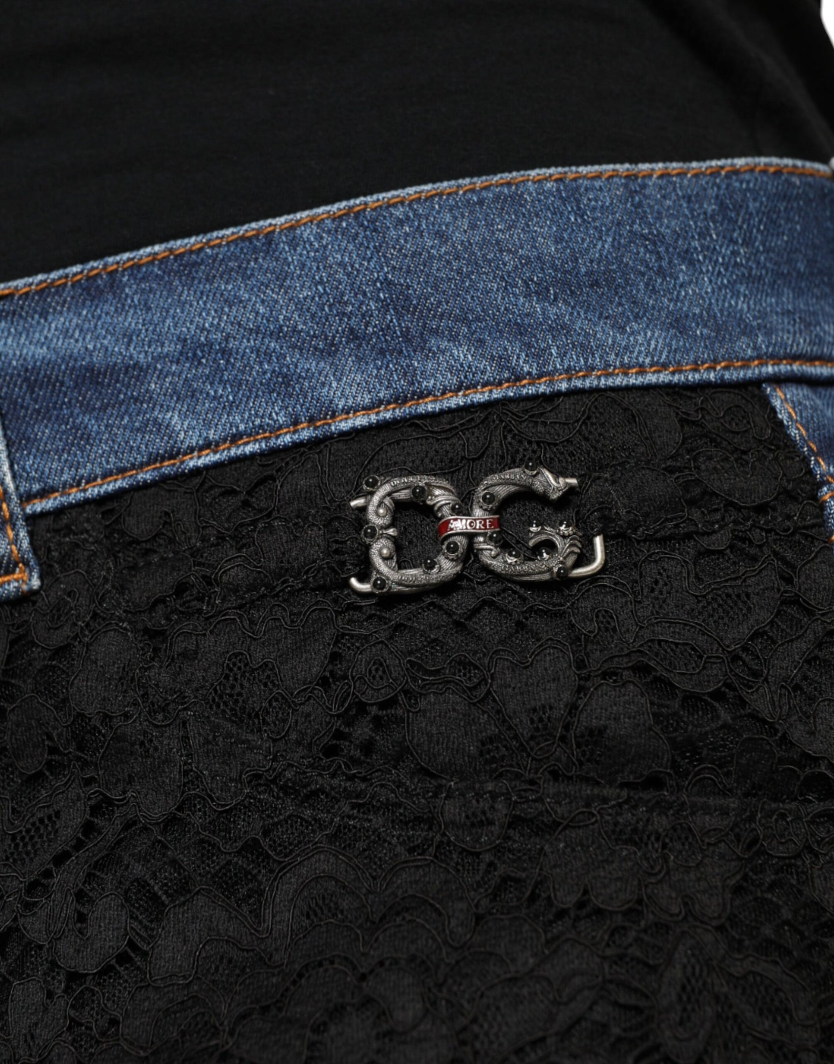 Schwarze Skinny-Jeans mit Blumenmuster und Spitzenfront