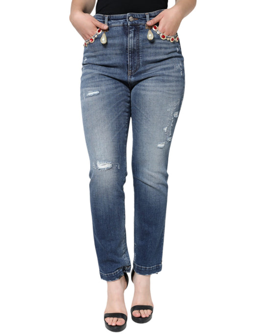 Jeans aderenti in denim blu scuro in cotone strappato