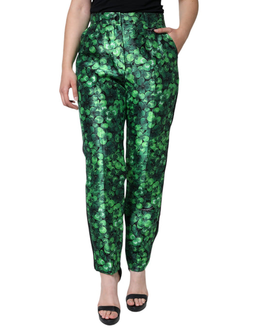 Pantaloni affusolati a vita alta in raso di seta Green Clover