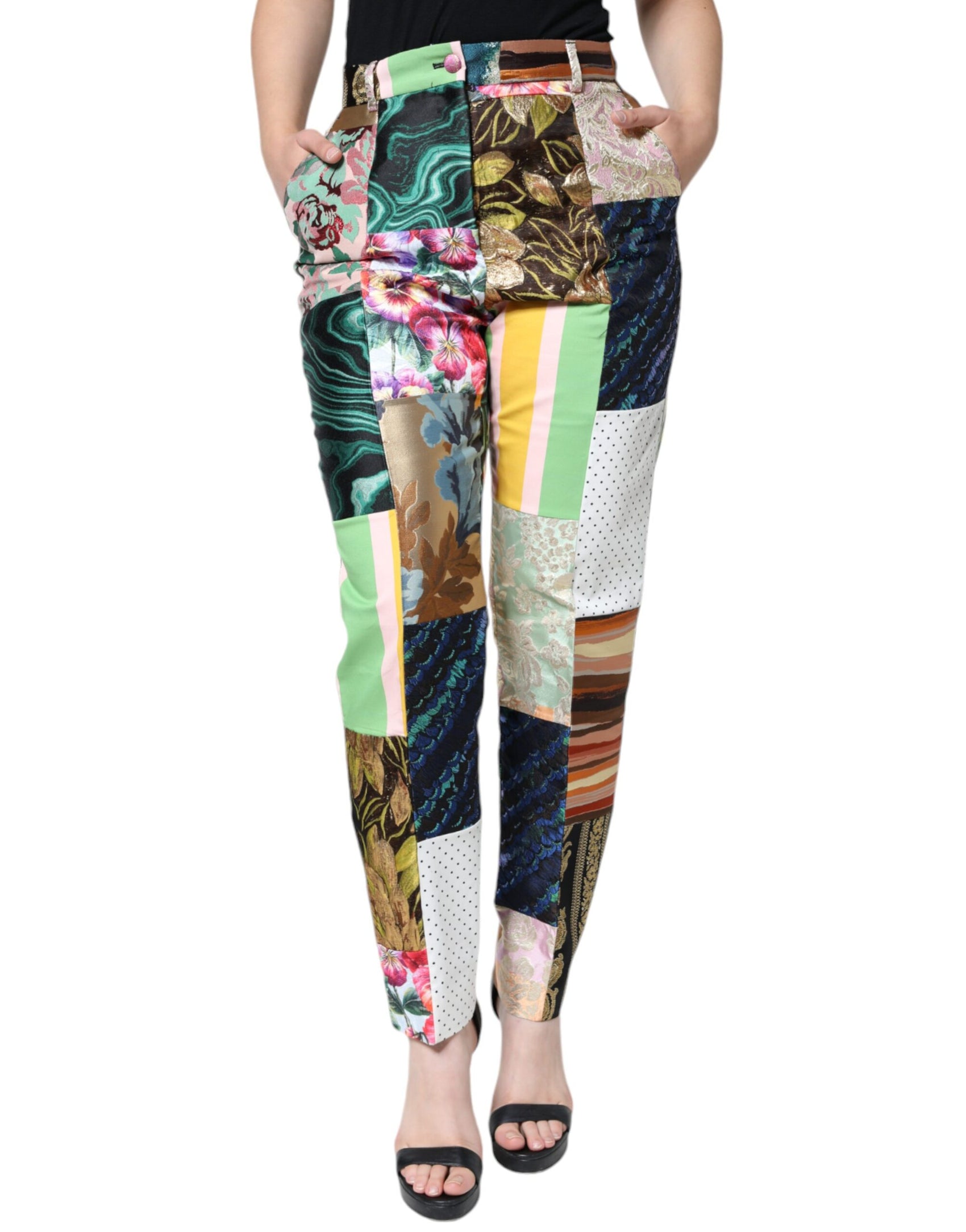 Mehrfarbige Jacquard-Hose mit hoher Taille und Patchwork