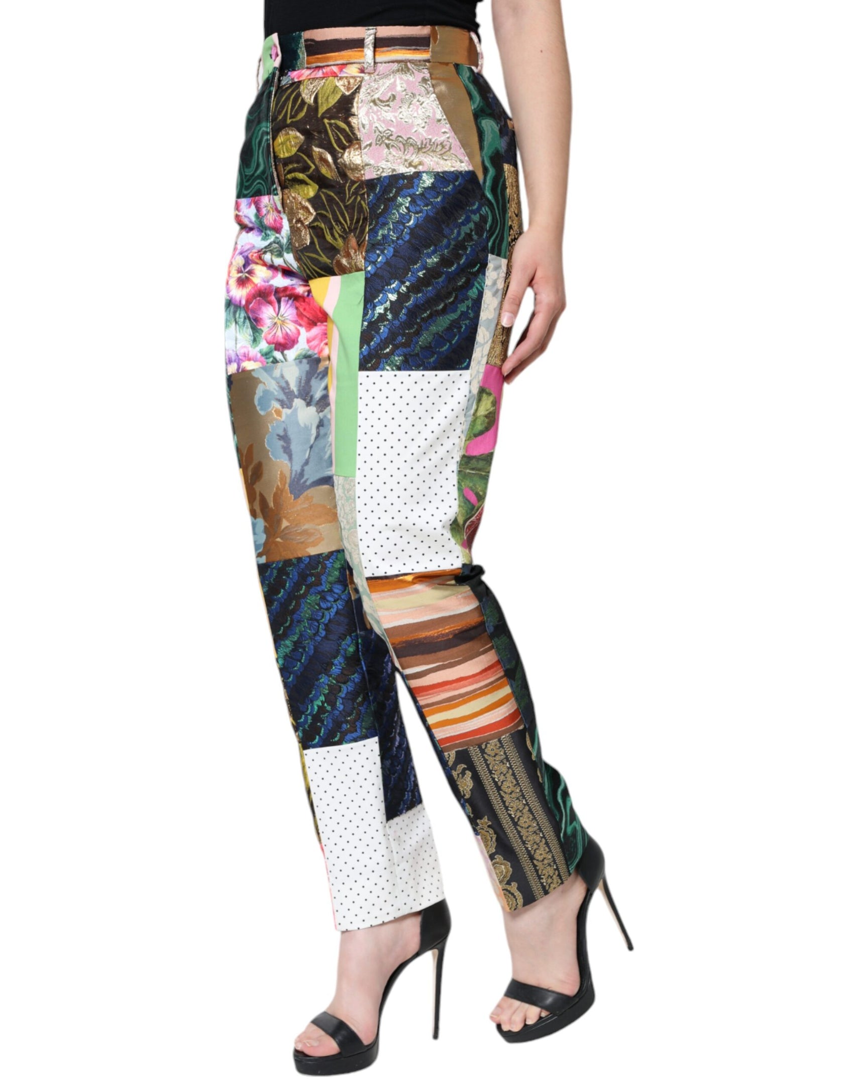 Mehrfarbige Jacquard-Hose mit hoher Taille und Patchwork
