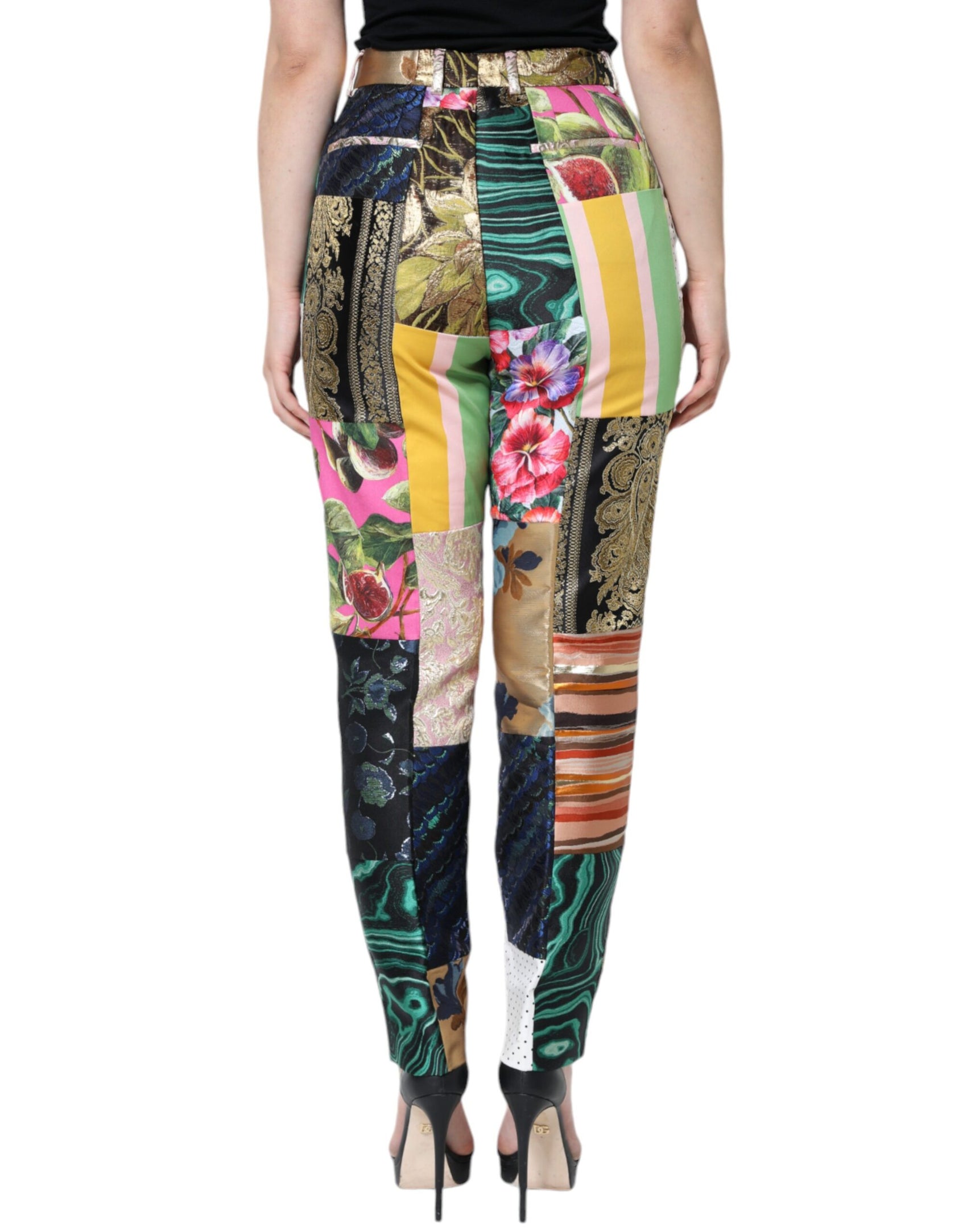 Mehrfarbige Jacquard-Hose mit hoher Taille und Patchwork