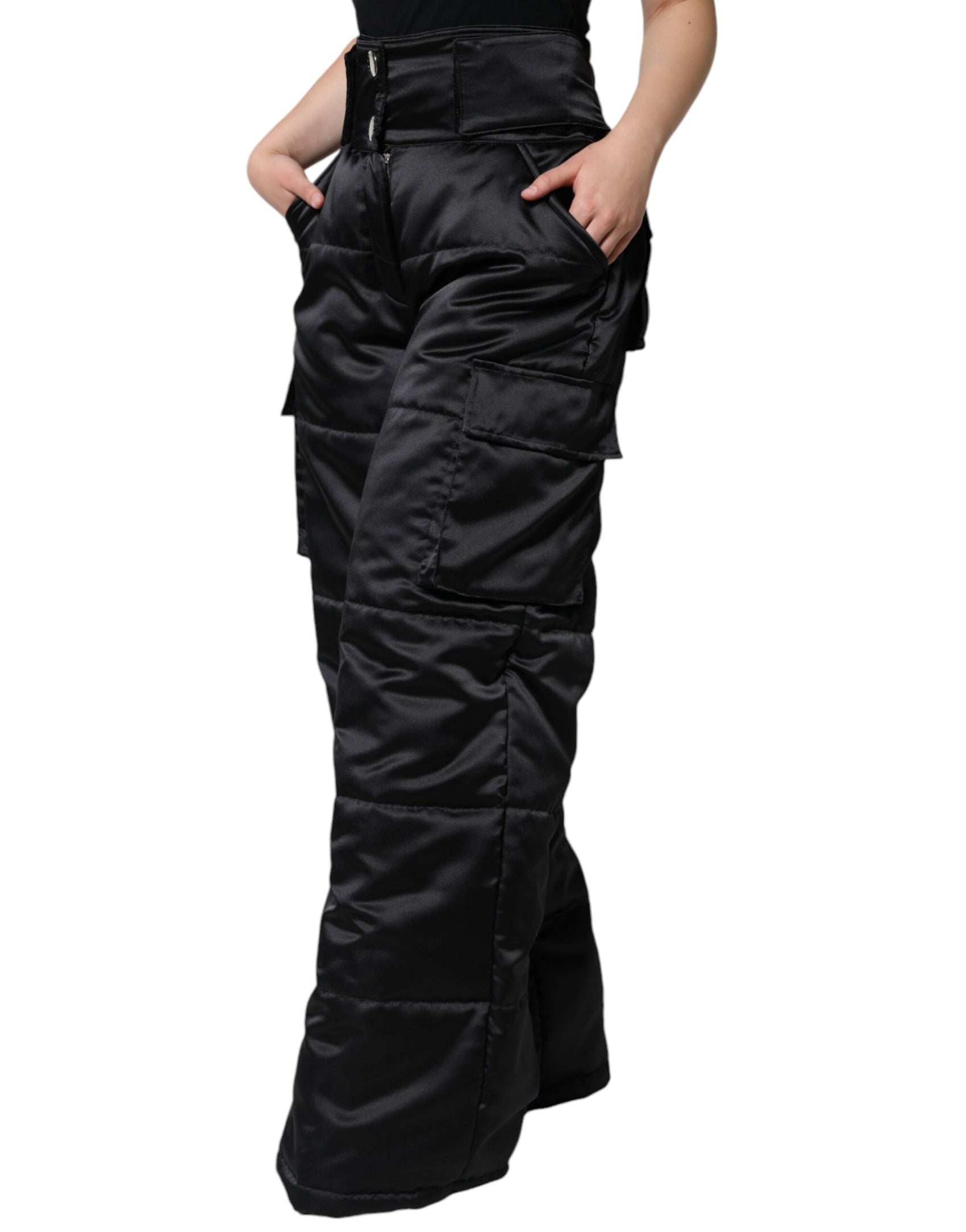 Schwarze gesteppte Bootcut-Hose mit hoher Taille für Damen