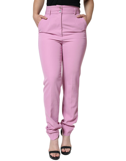 Pantaloni affusolati a vita alta in poliestere rosa da donna