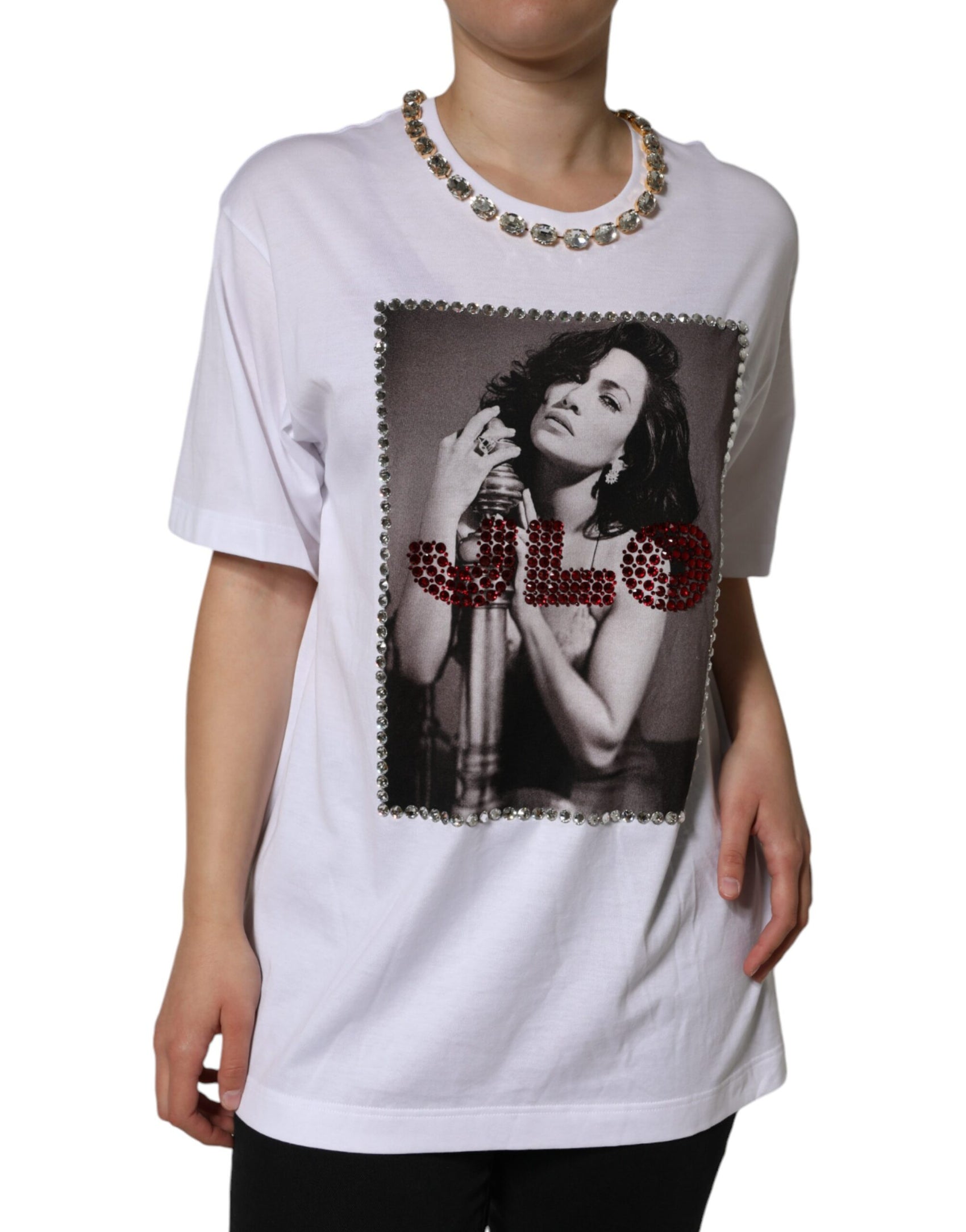T-shirt stampata con scollatura in cristallo bianco
