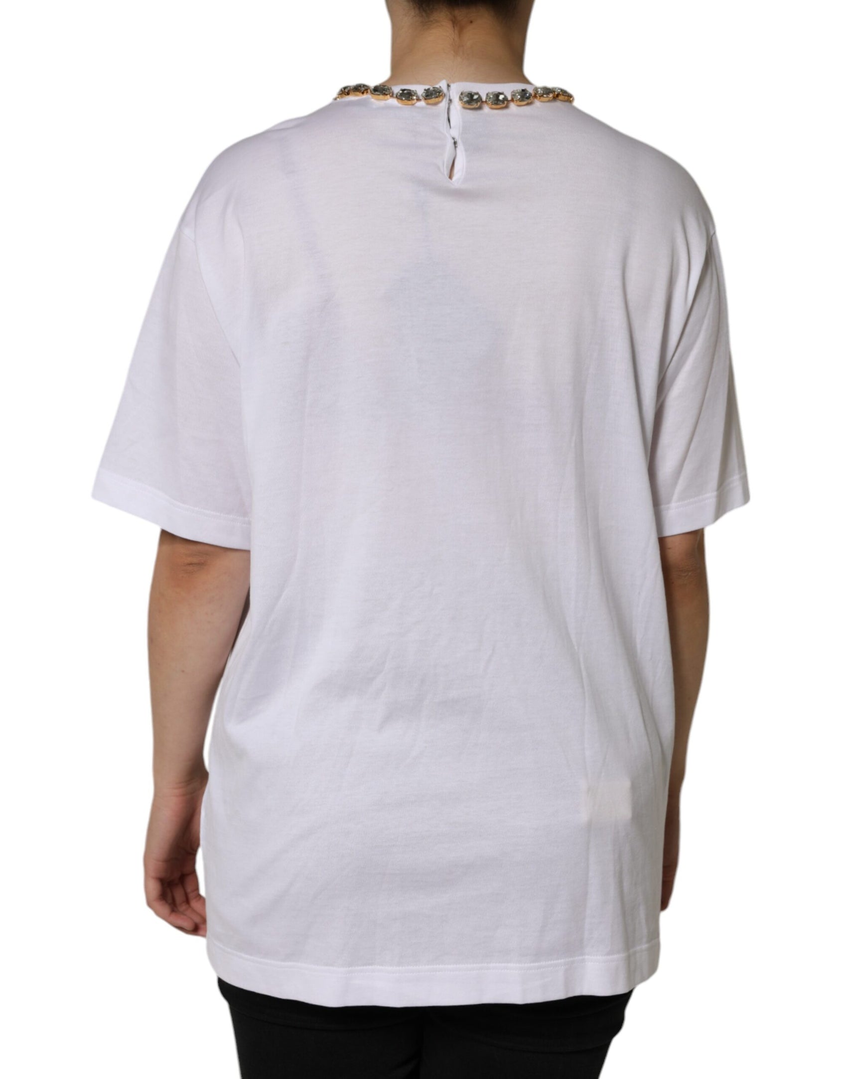 T-shirt stampata con scollatura in cristallo bianco