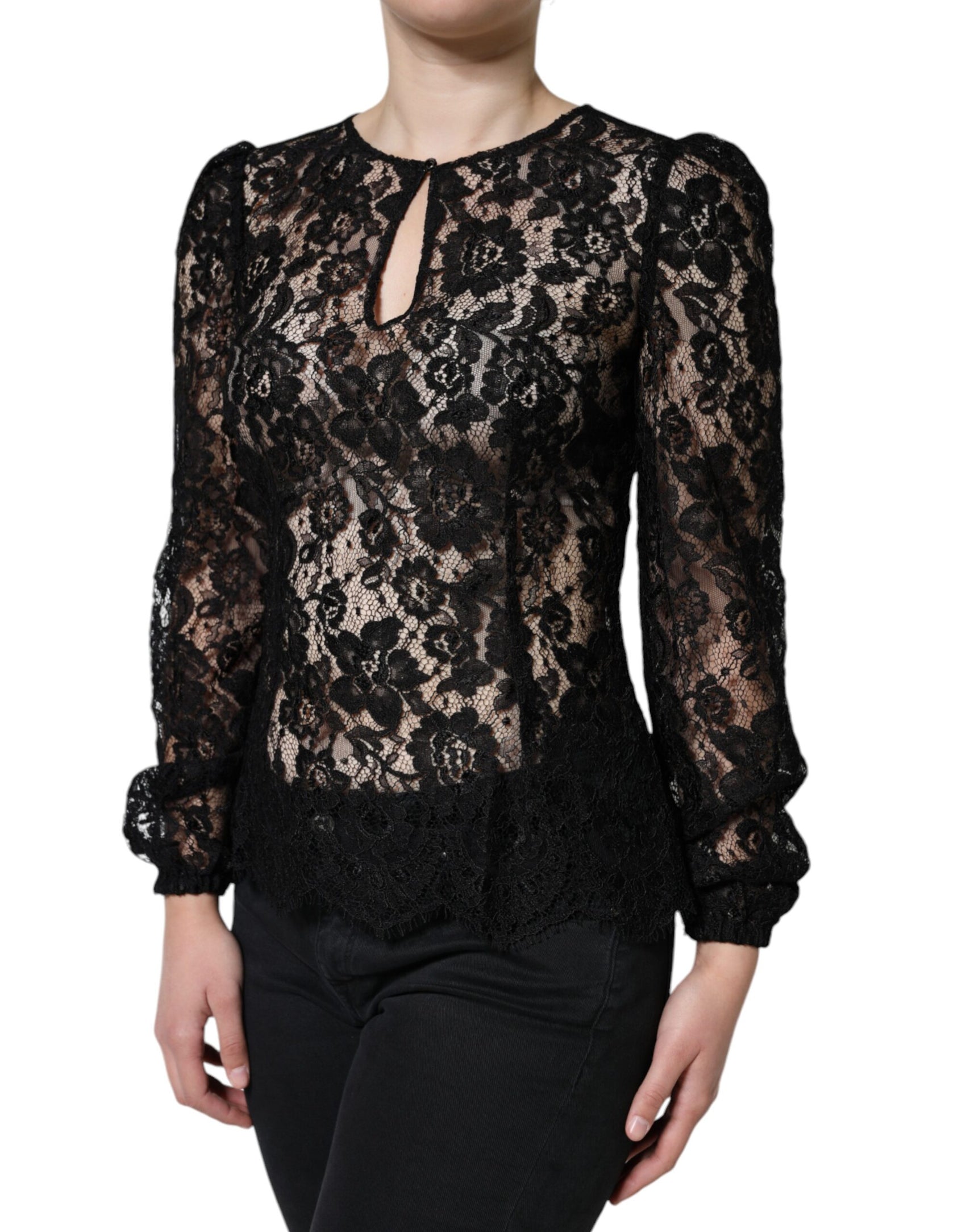 Top a maniche lunghe in pizzo floreale nero trasparente