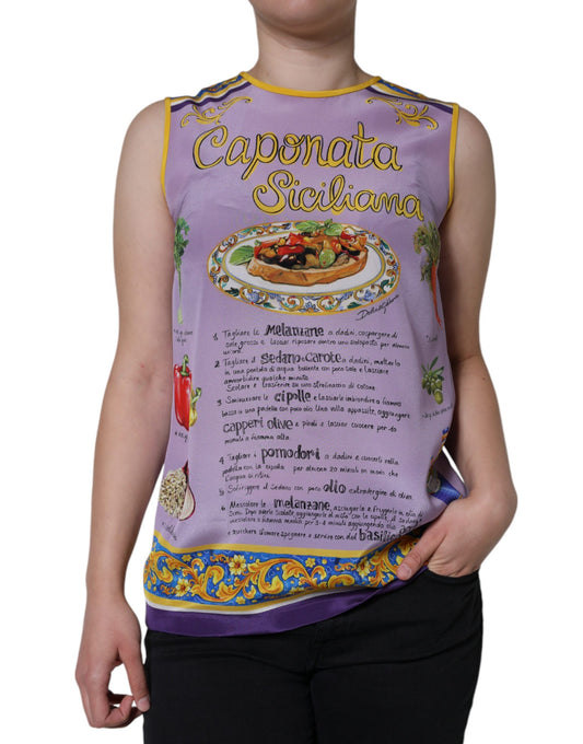 Canotta con stampa Caponata Siciliana in seta viola
