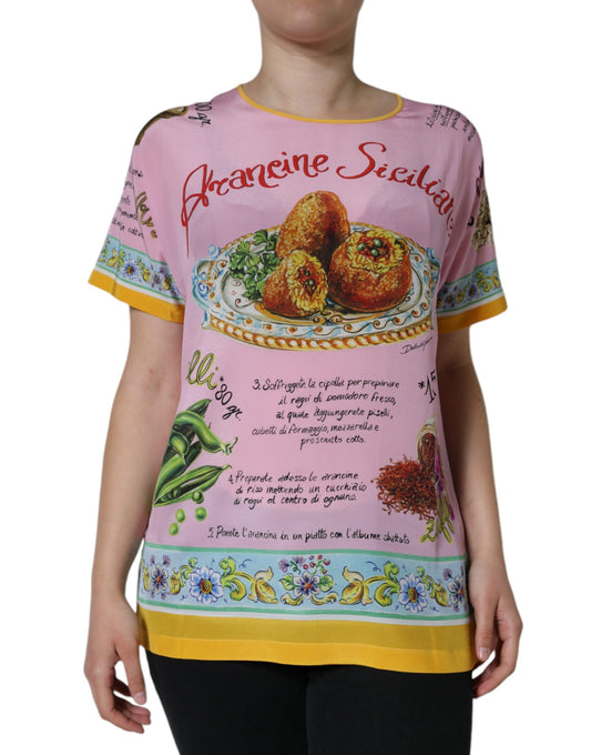 Top a maniche corte con stampa Araneine Siciliana in seta rosa