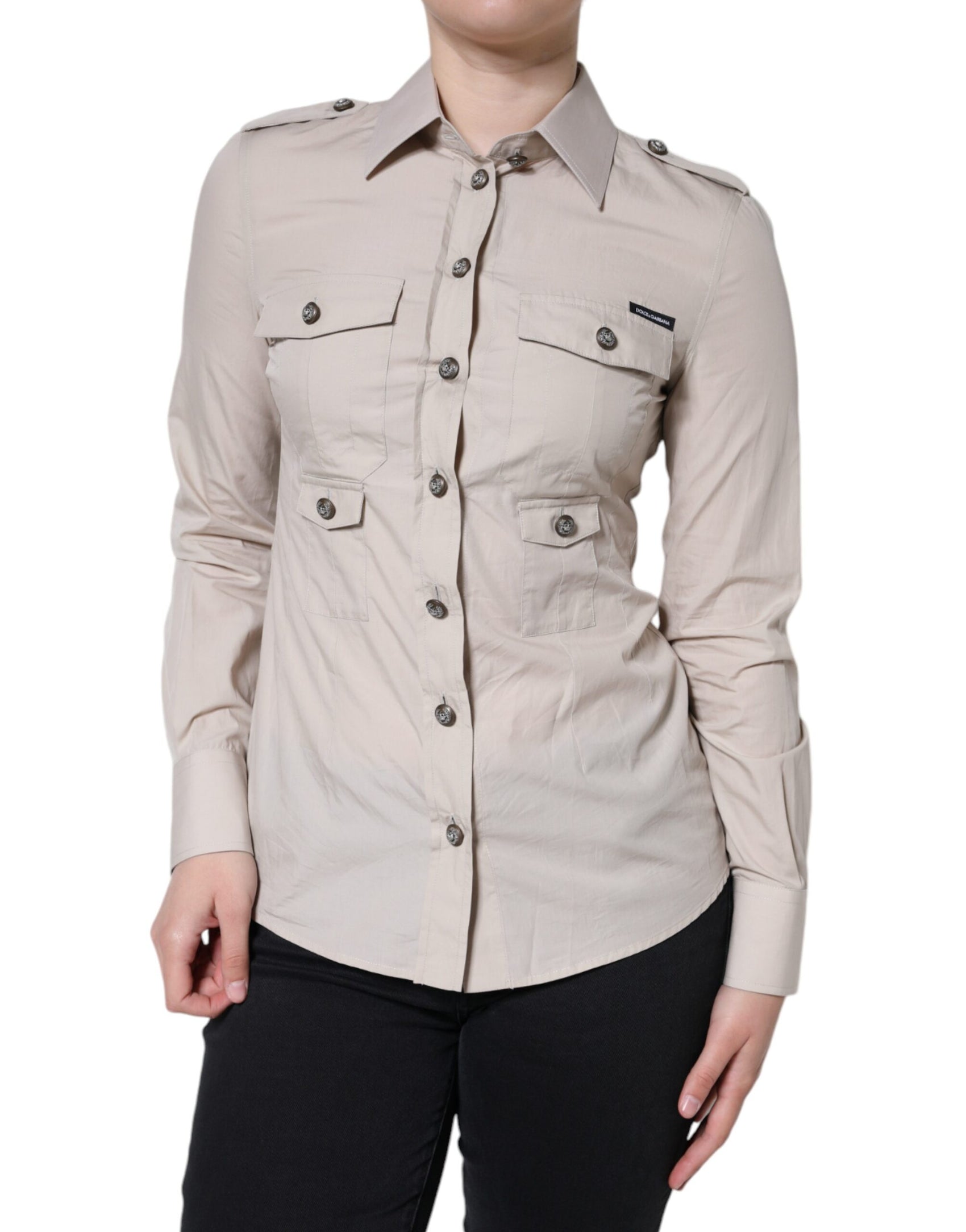 Camicia con colletto e bottoni in cotone beige