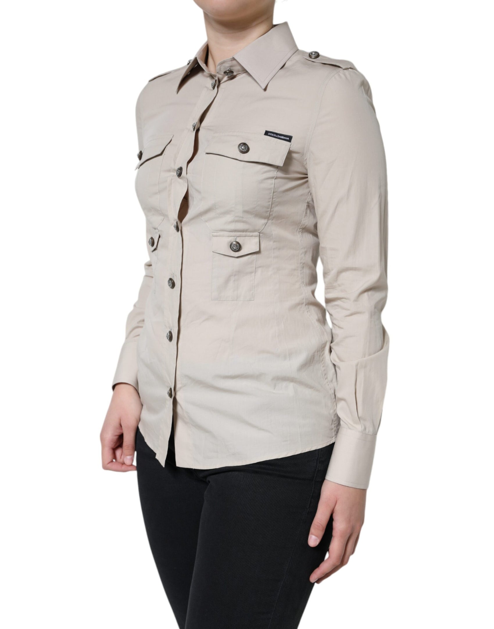 Camicia con colletto e bottoni in cotone beige