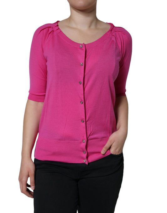 Blusa a maniche corte con bottoni in lana rosa