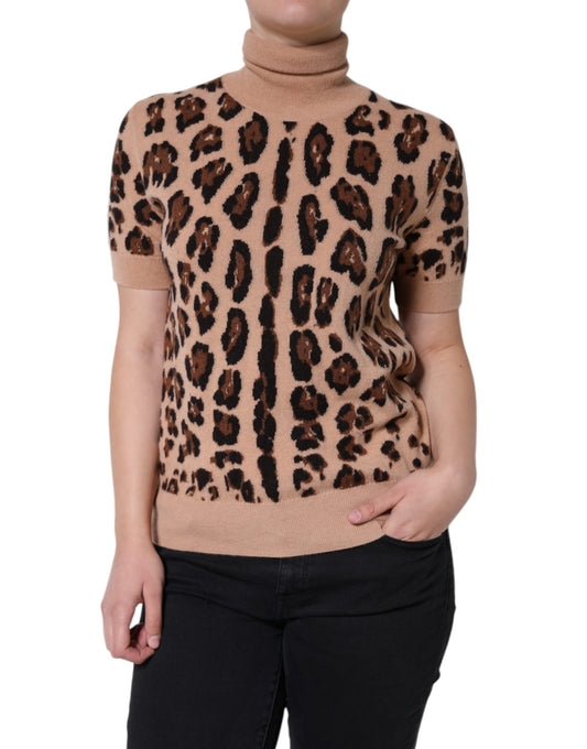 Dolcevita in lana con stampa leopardata beige