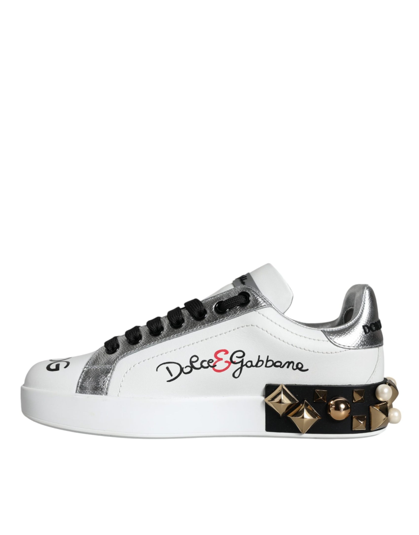 Weiße Sneakers aus Leder mit Blumen- und Nietenbesatz
