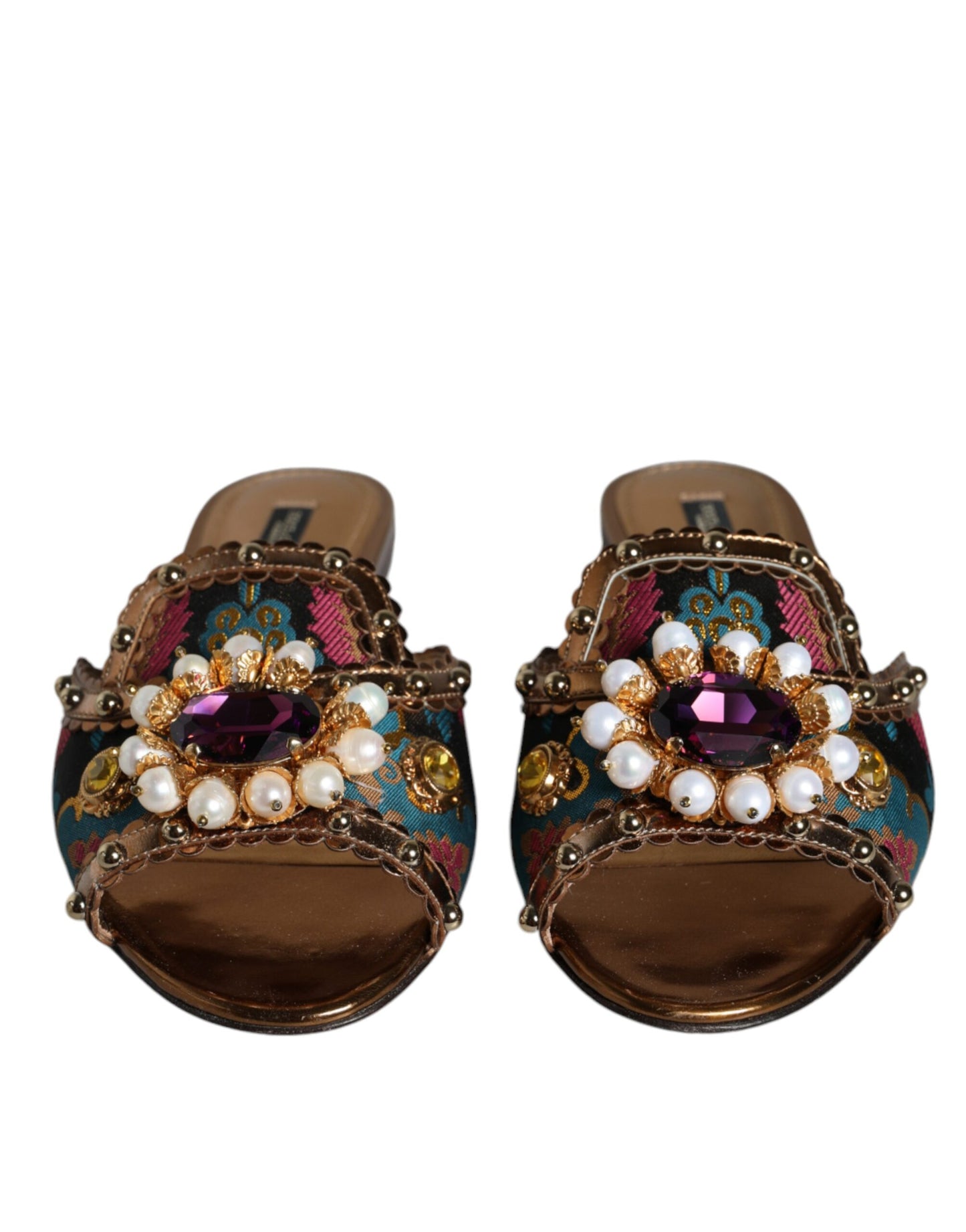 Multicolor Jacquard Embellished Slides Flats Shoes