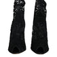 Black Lace Stretch Heels Mid Calf Boot Shoes