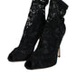 Black Lace Stretch Heels Mid Calf Boot Shoes