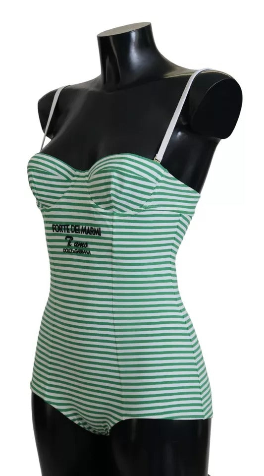 Costume da bagno intero a righe bianche e verdi