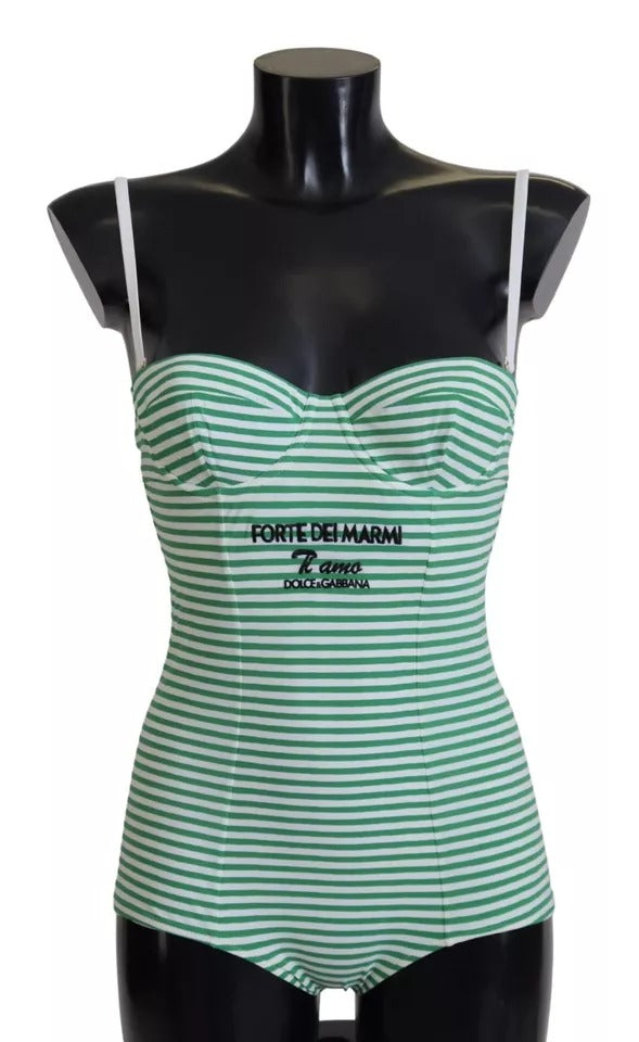 Costume da bagno intero a righe bianche e verdi