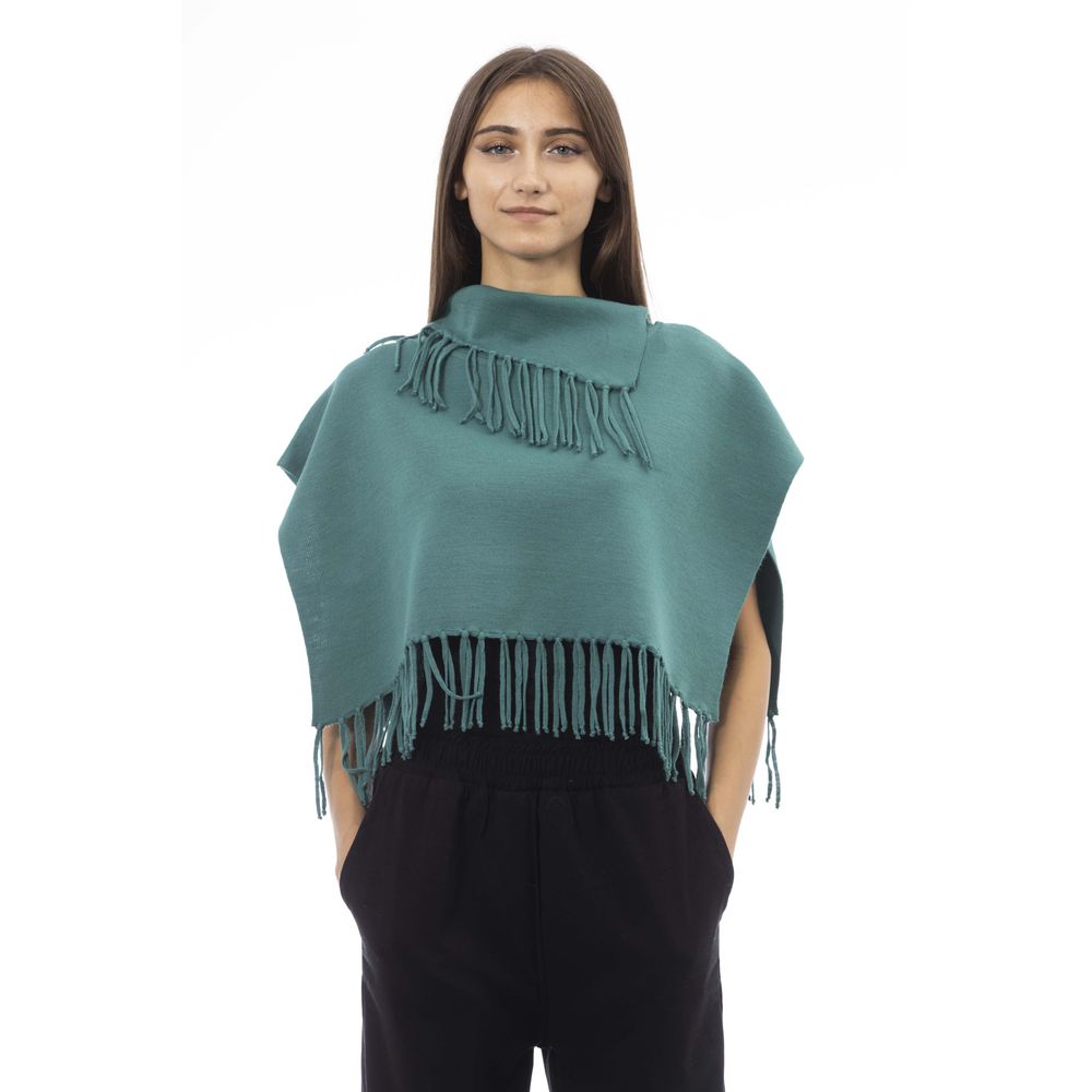 Green Wool Women Poncho With Fringes