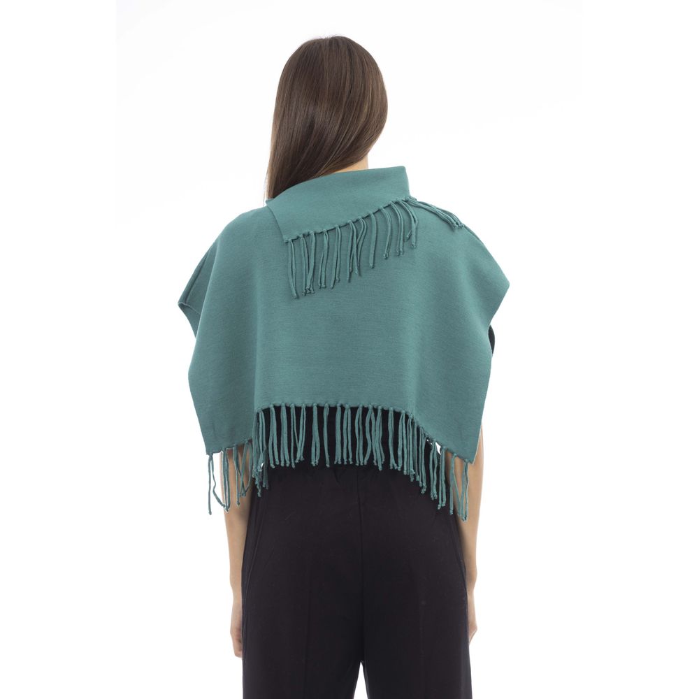 Green Wool Women Poncho With Fringes