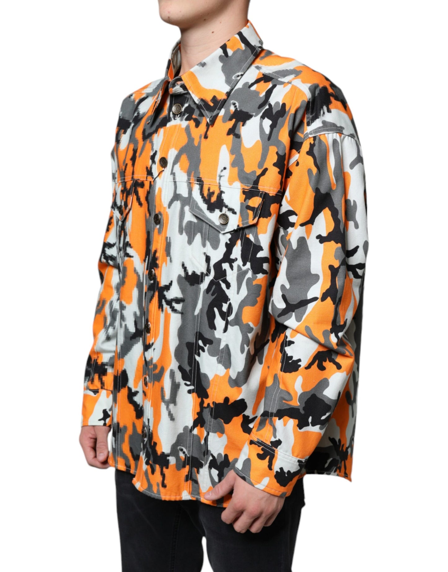 Mehrfarbige Camouflage-Jeansjacke aus Baumwoll-Denim mit Kragen