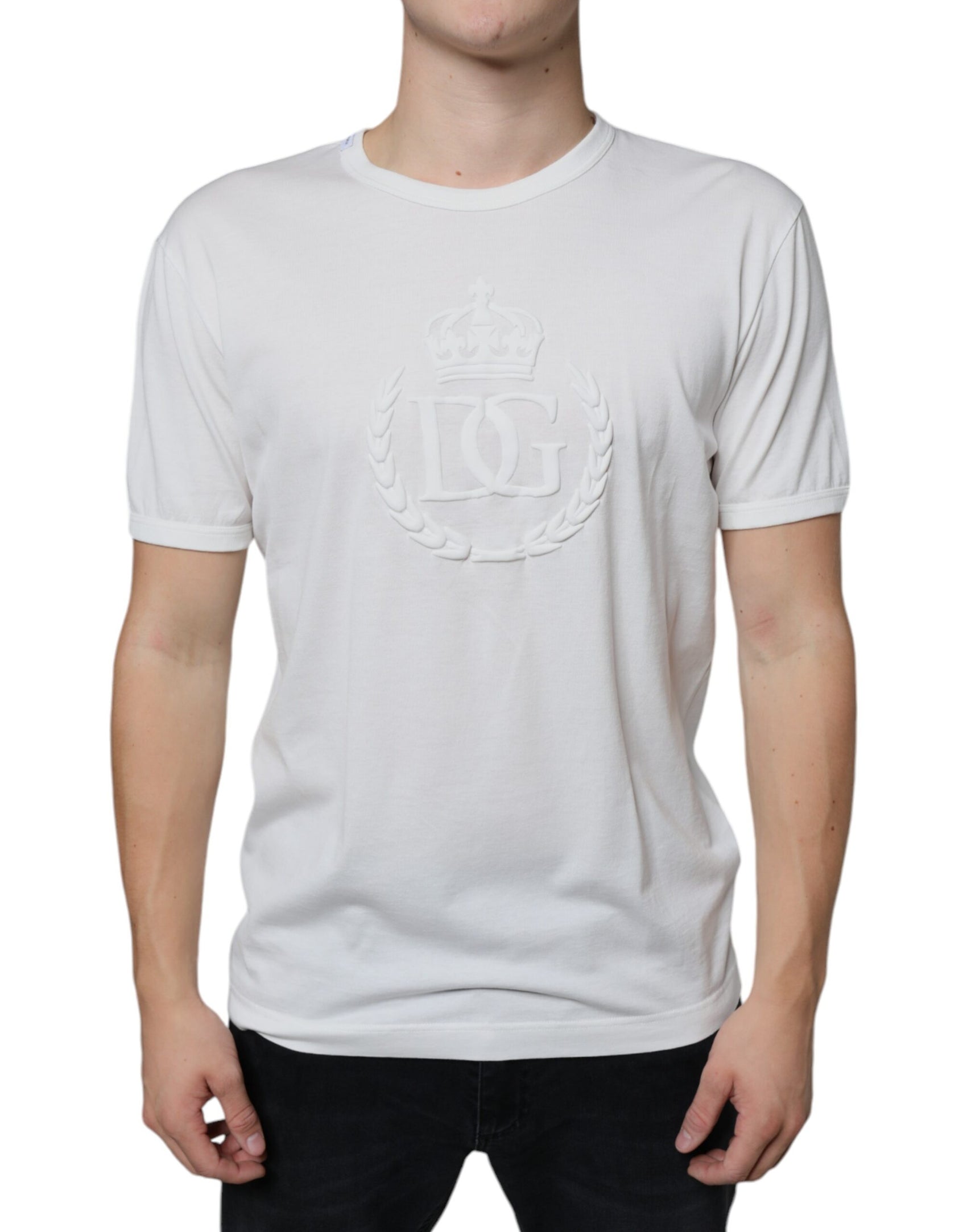 Weißes Baumwoll-T-Shirt mit Rundhalsausschnitt und Logoprägung