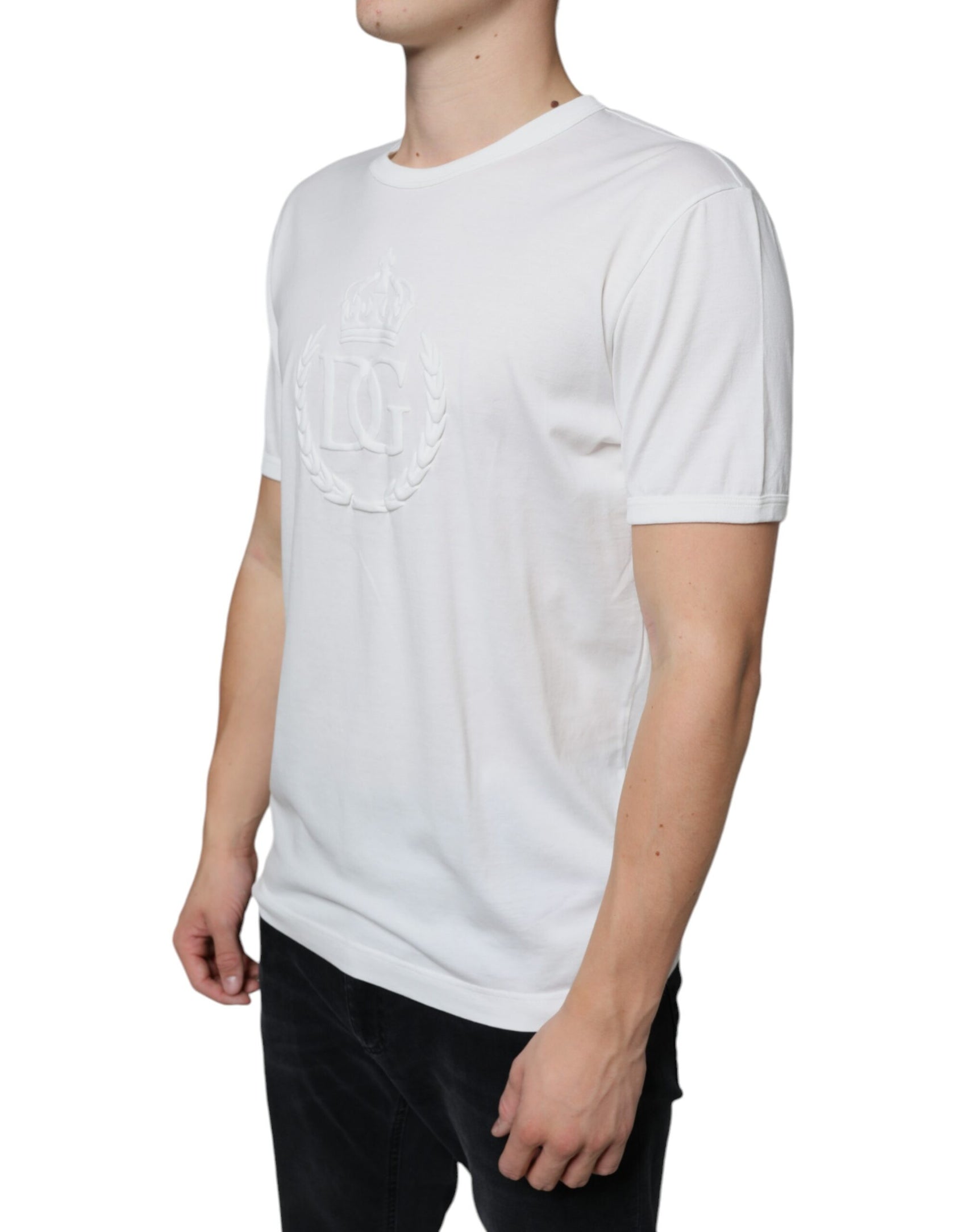 Weißes Baumwoll-T-Shirt mit Rundhalsausschnitt und Logoprägung
