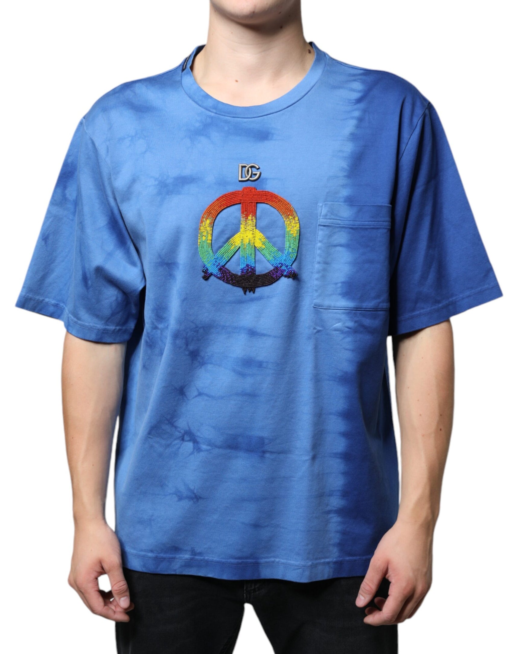 Blaues Baumwoll-T-Shirt mit Batikmuster und Peace-Zeichen