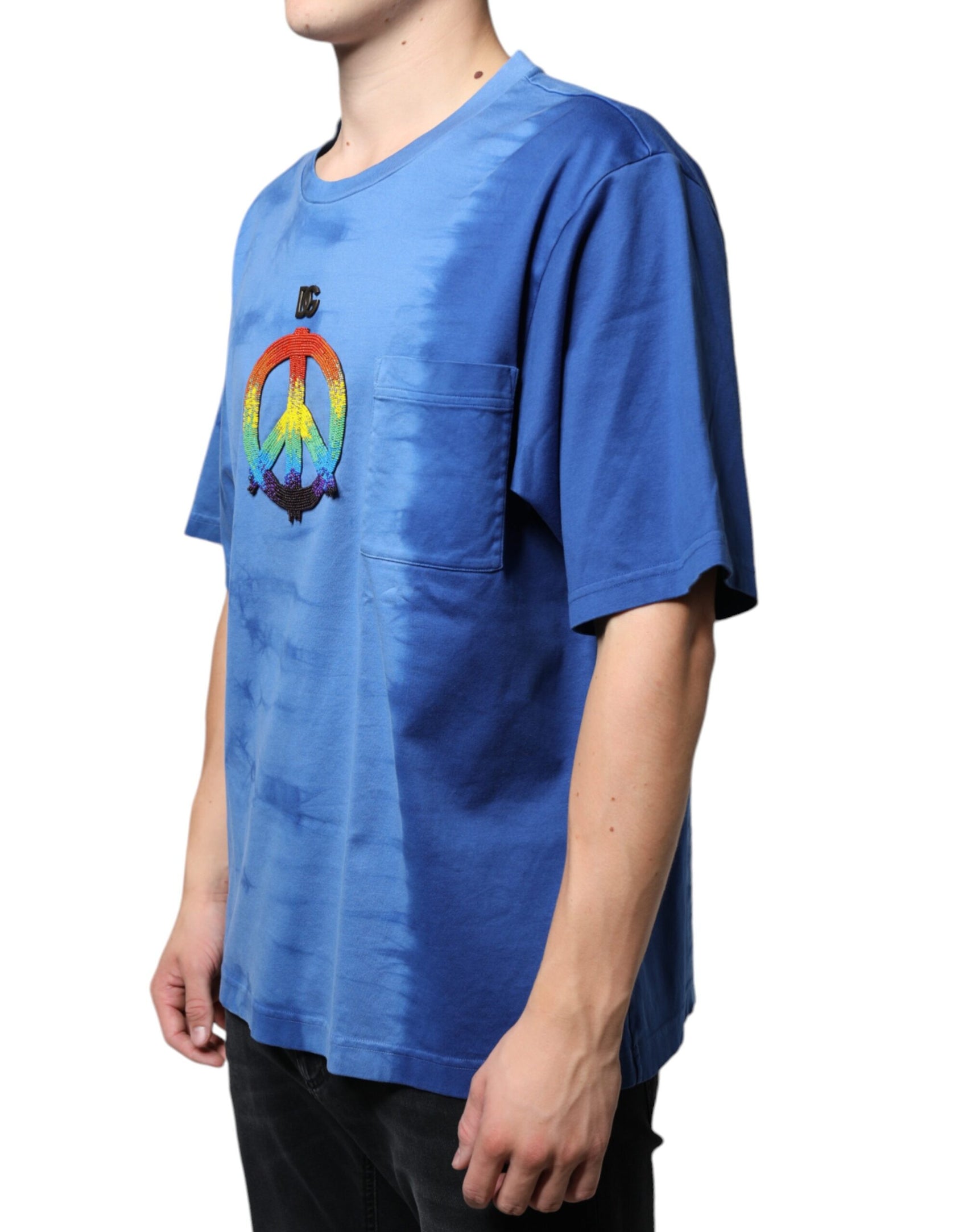 Blaues Baumwoll-T-Shirt mit Batikmuster und Peace-Zeichen