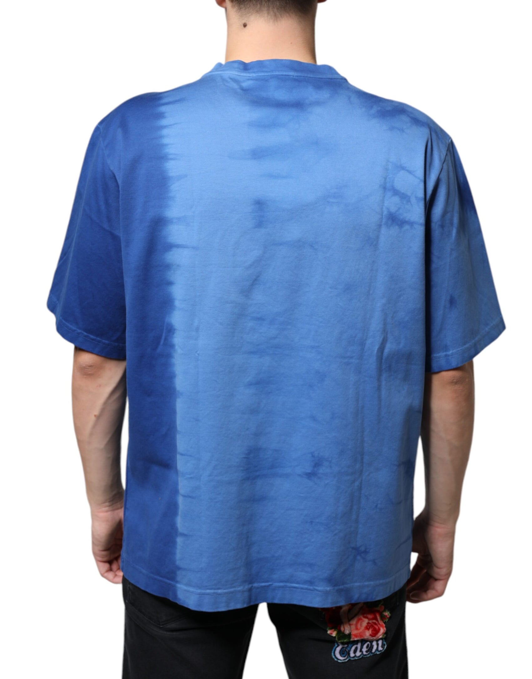 Blaues Baumwoll-T-Shirt mit Batikmuster und Peace-Zeichen