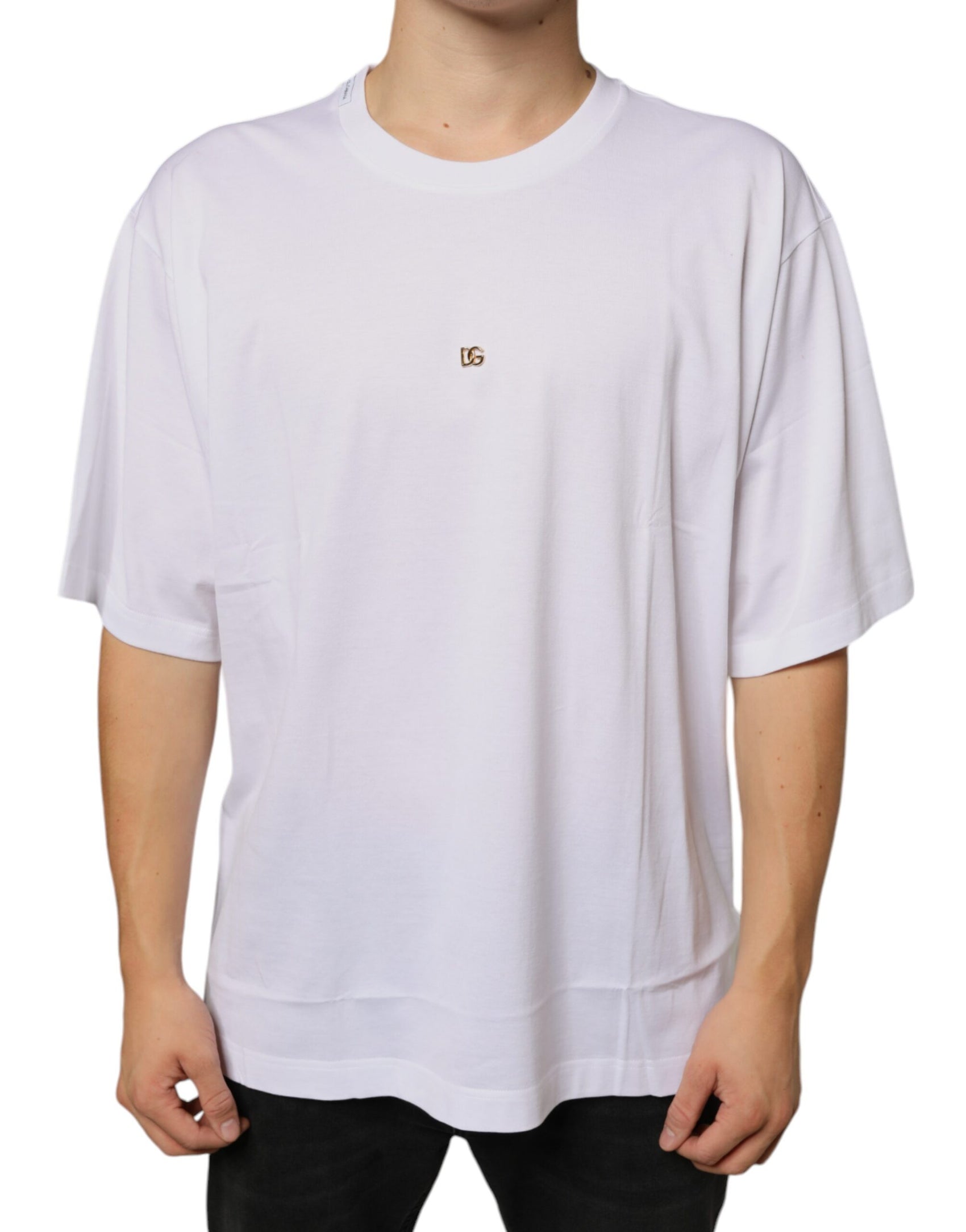 Weißes T-Shirt aus Baumwolle mit kurzem Arm und DG-Logo aus Metall