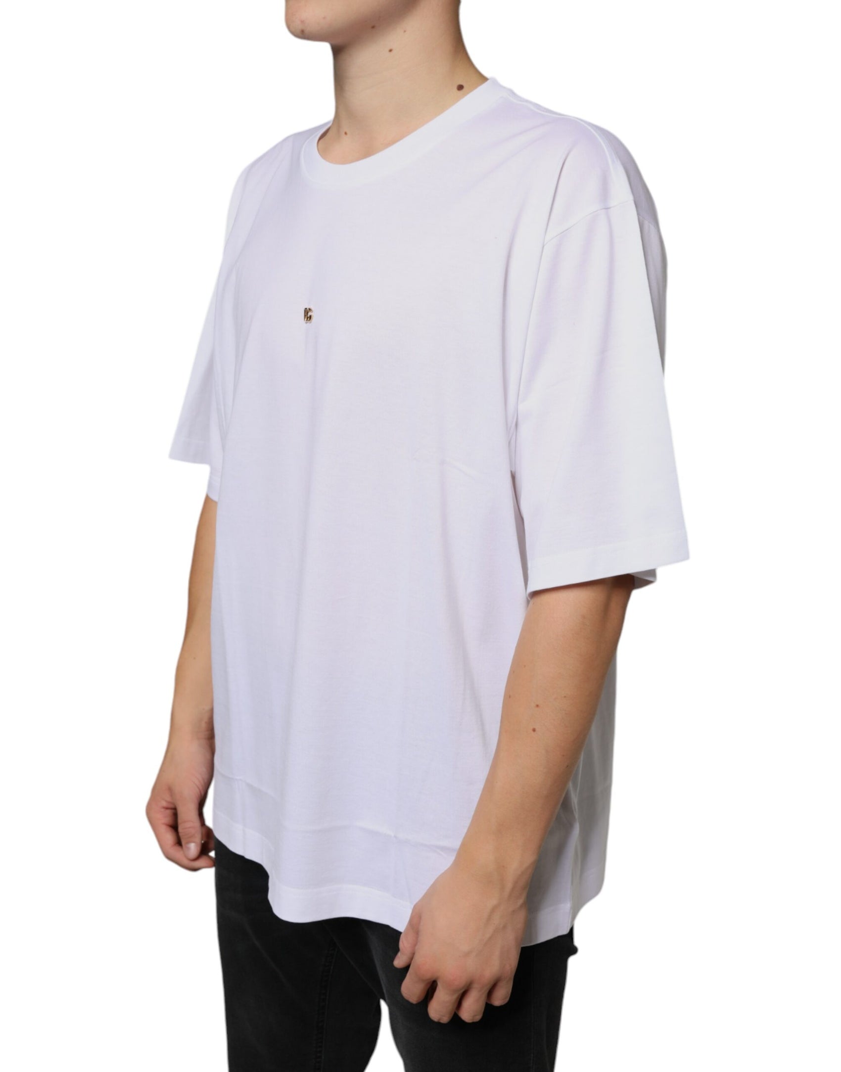 Weißes T-Shirt aus Baumwolle mit kurzem Arm und DG-Logo aus Metall