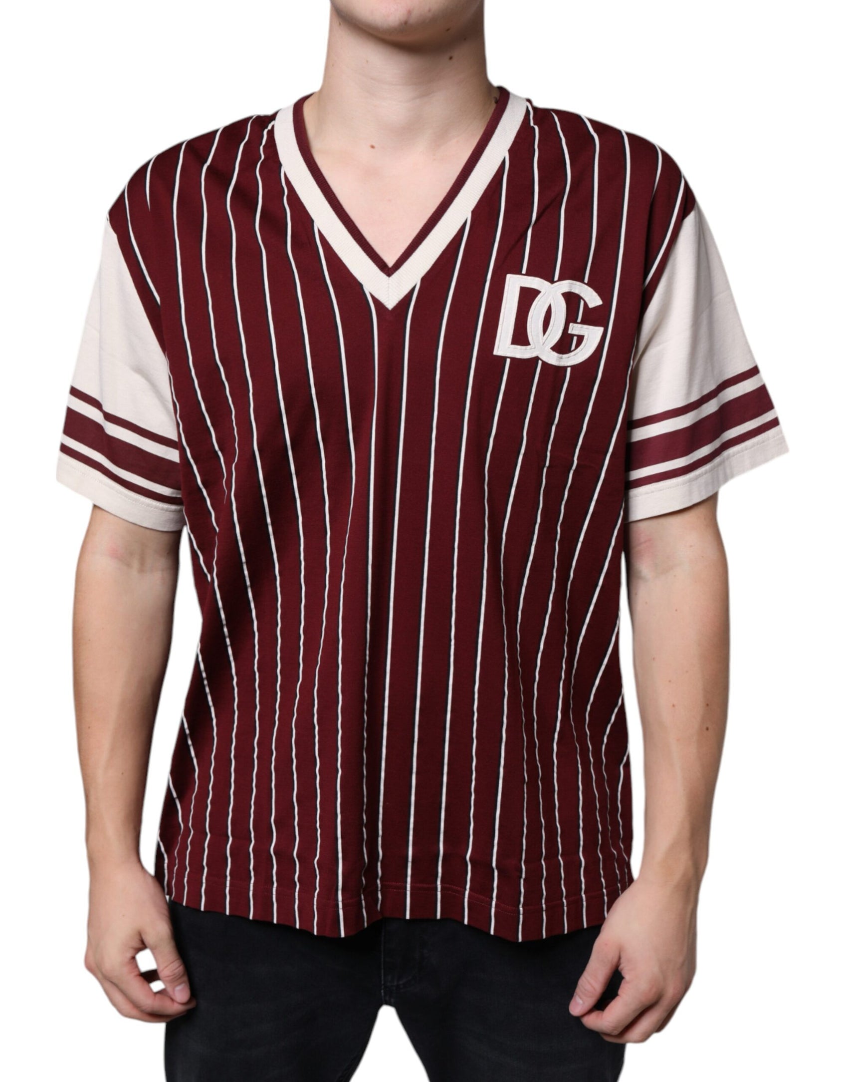 T-shirt con scollo a V e logo in cotone a righe color marrone