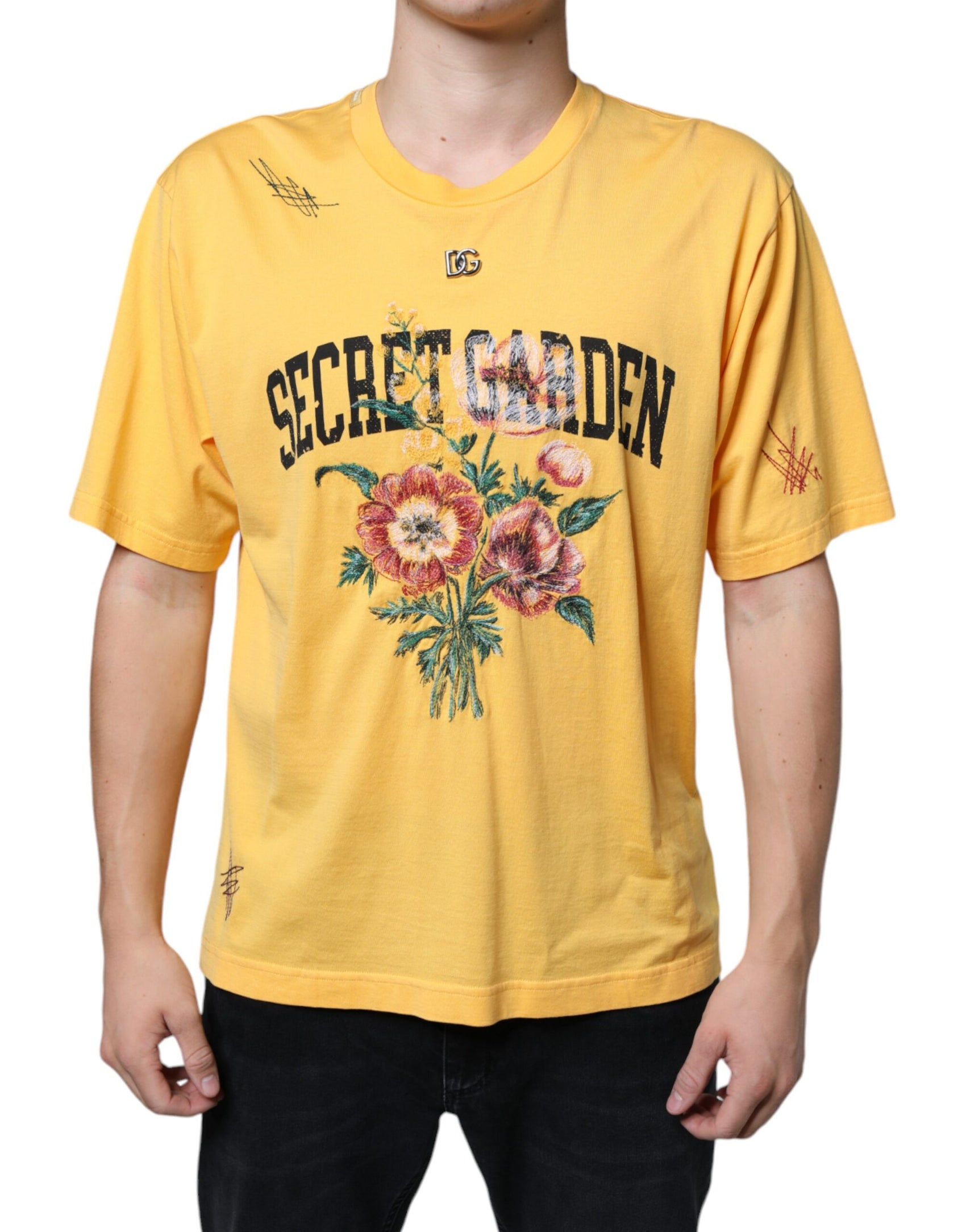 Gelbes T-Shirt mit Rundhalsausschnitt aus Baumwolle mit Blumenmuster „Secret Graden“
